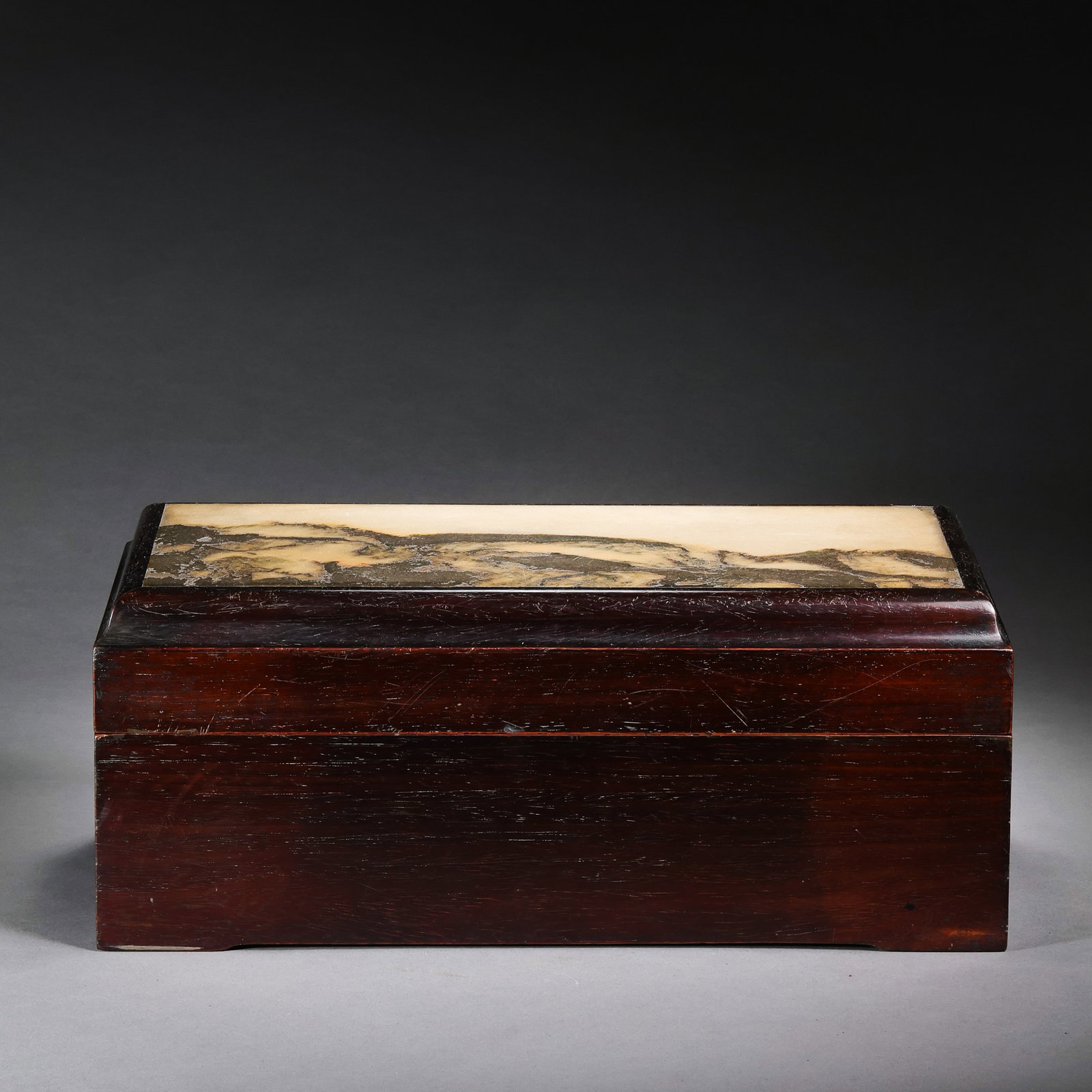 Chinese Qing Dynasty Rosewood Inlaid Marble Covered Box: /