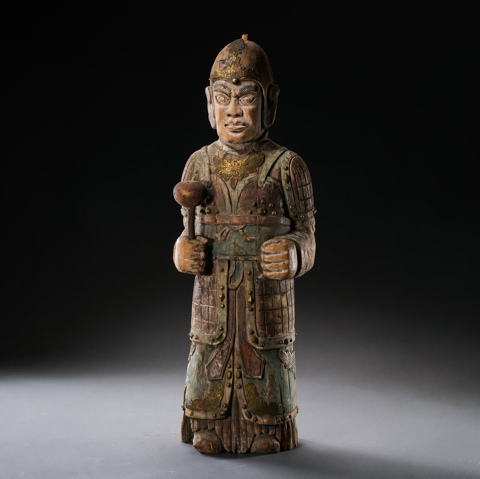 Ancient Chinese painted wooden figurines: H . 51 cm . L . 16.5 cm .