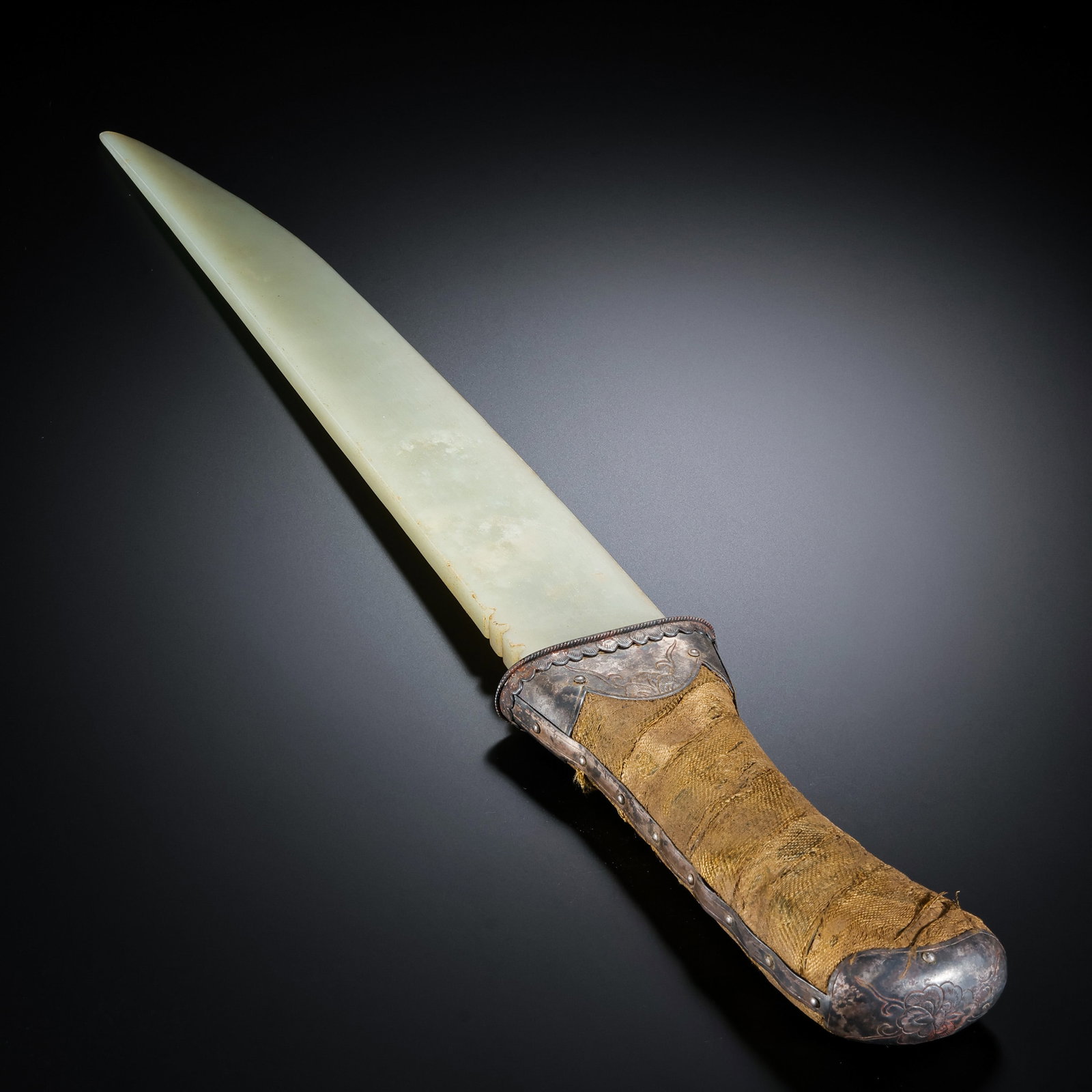 Ancient Chinese silver-inlaid Hetian jade dagger: L . 41 cm . W . 6 cm . Weight 206 gram .