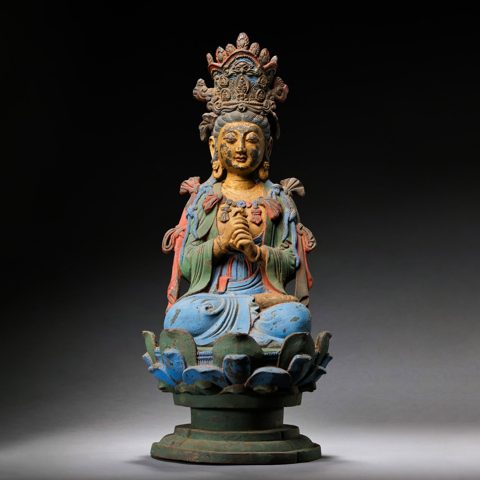 Painted seated Buddha statue from the Liao Dynasty in China: H . 49 cm . L . 21 cm . Weight 8401 gram .