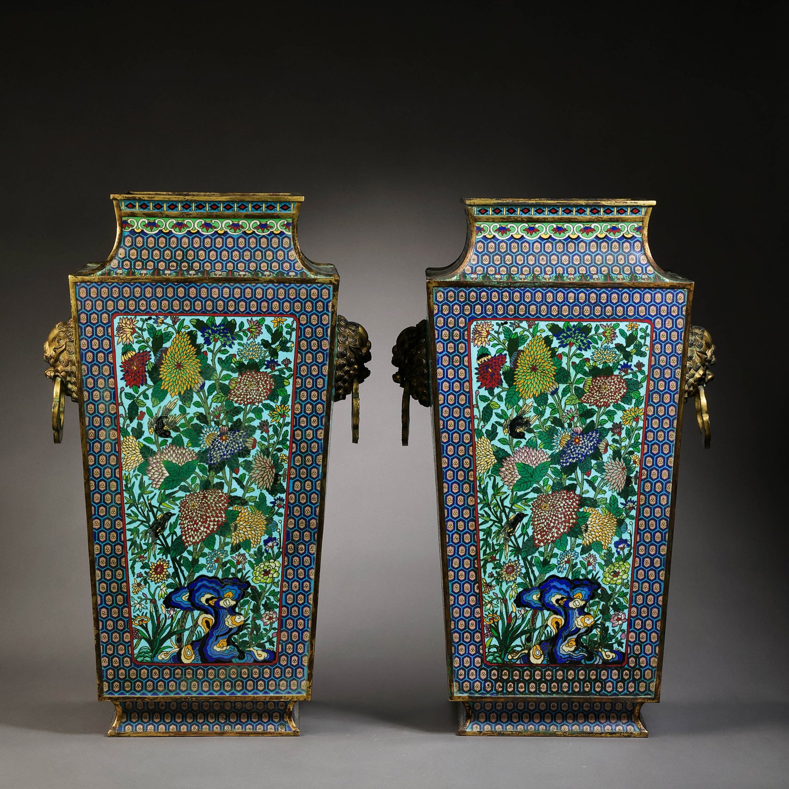 A pair of Chinese Ming Dynasty Jingtai period enamel-painted vase with animal-head handles (1 of 12)