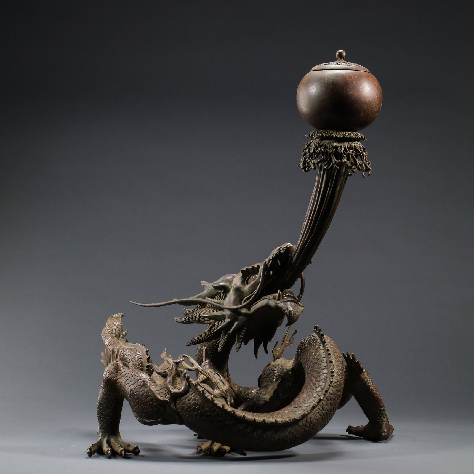 Dragon-shaped bronze incense burner from the Ming Dynasty in China: H . 51.5 cm . L . 40 cm . Weight 12800 gram .