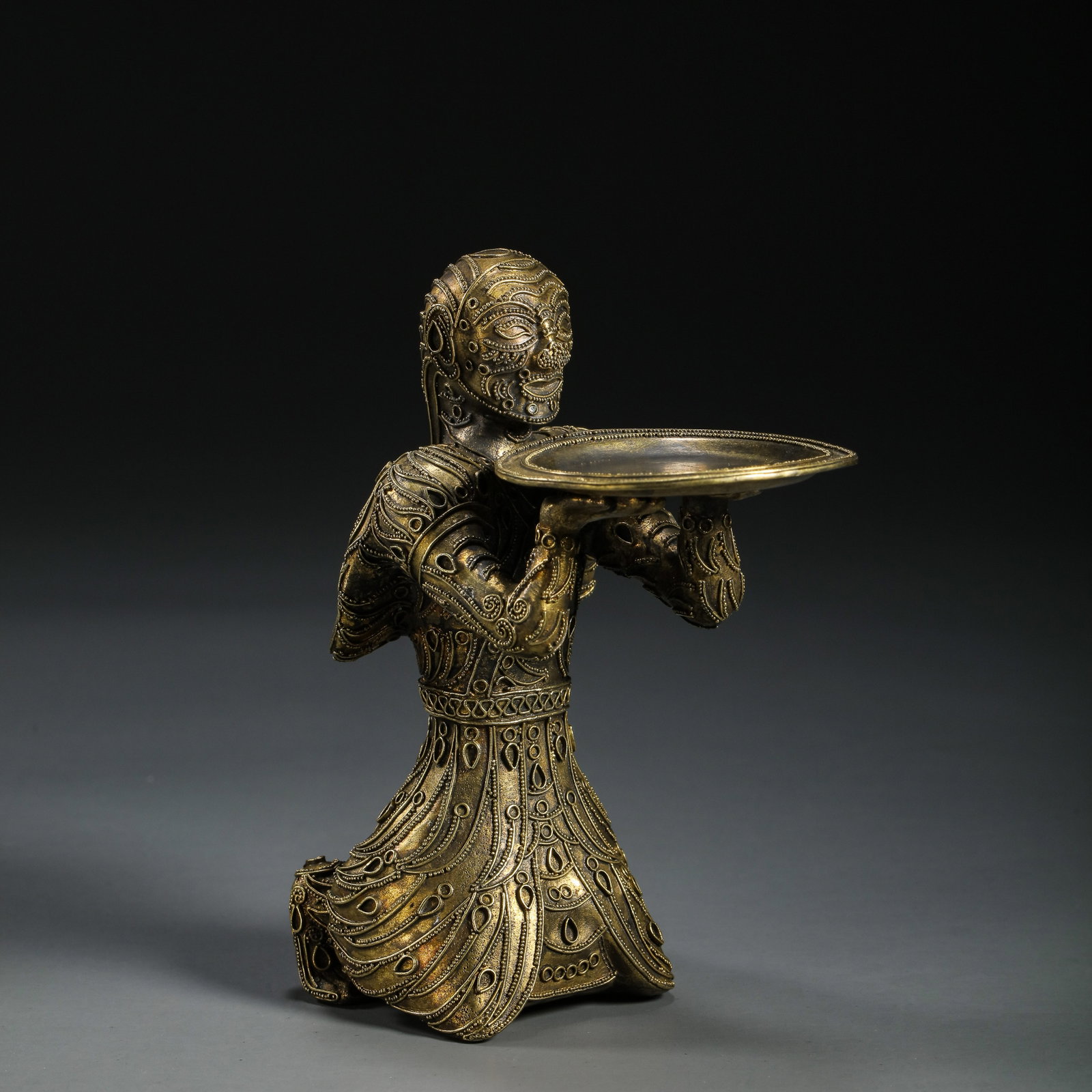 Chinese Han Dynasty Gilt Bronze Kneeling Figure: H . 11 cm . Weight 272.8 gram .