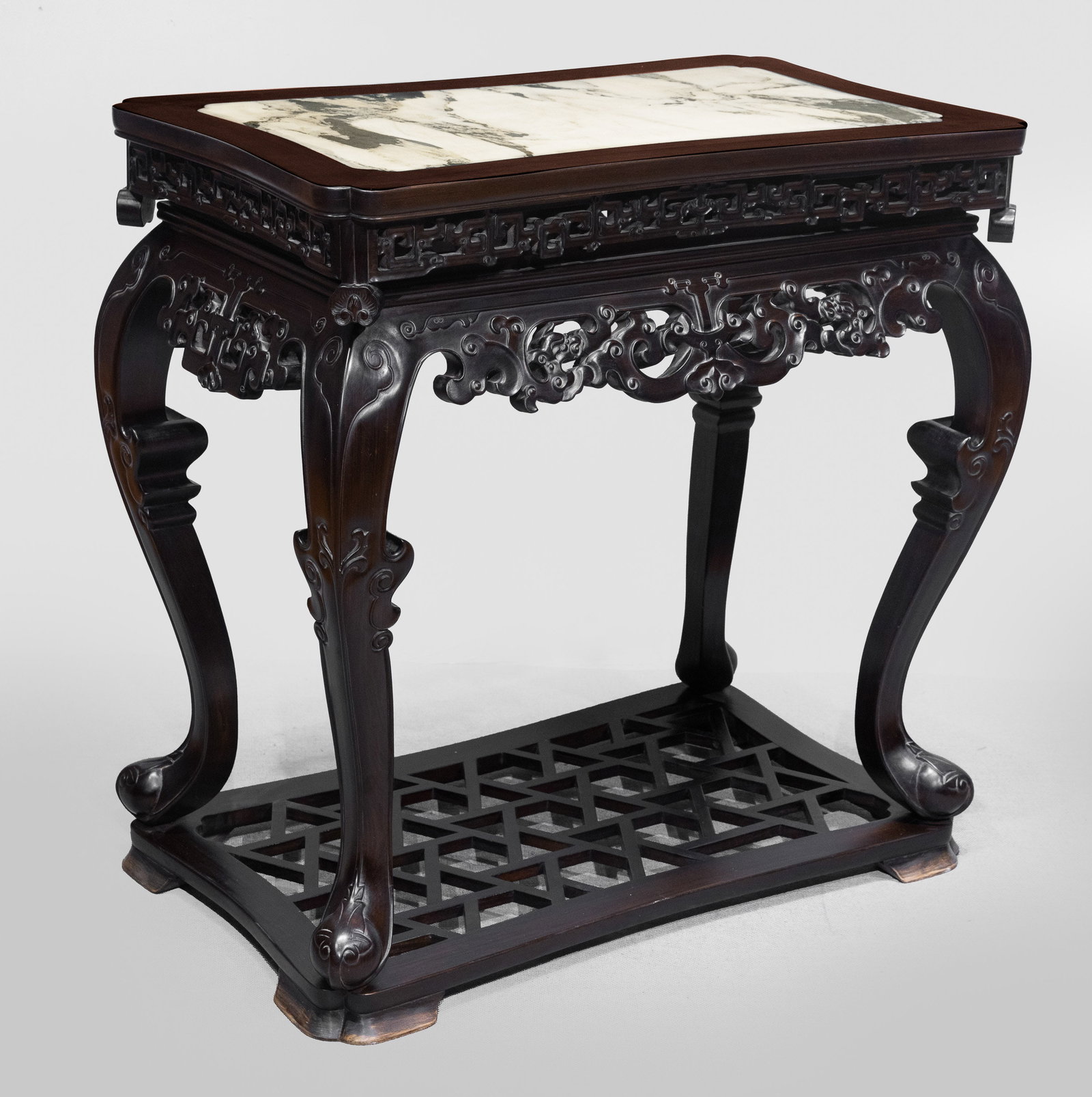 Chinese Qing Dynasty Rosewood Flower Stand Inlaid with Marble: H . 88.5 cm . L . 90 cm . W . 53 cm .