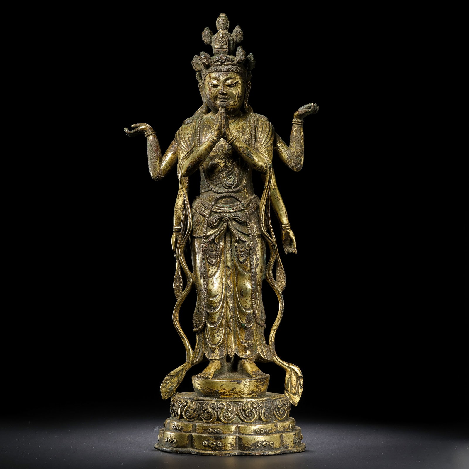 Chinese Ming Dynasty Gilt Bronze Standing Buddha Statue: H . 35 cm . L . 16 cm . Weight 2420 gram .