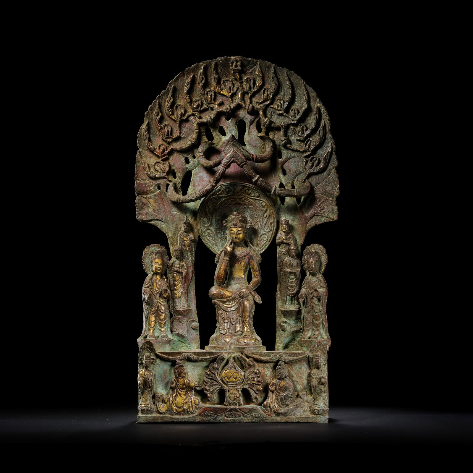 Gilded bronze Buddhist shrine from the Northern Wei Dynasty in China: H . 38.8 cm . L . 22 cm . Weight 3825 gram .