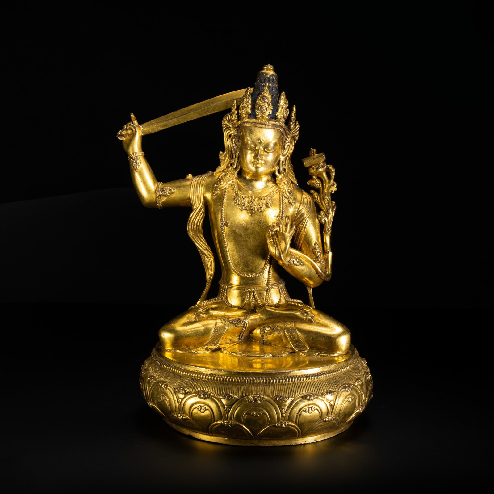 Chinese Qing Dynasty Gilt Bronze Seated Buddha Statue: H . 31.3 cm . L . 21 cm . Weight 8477 gram .