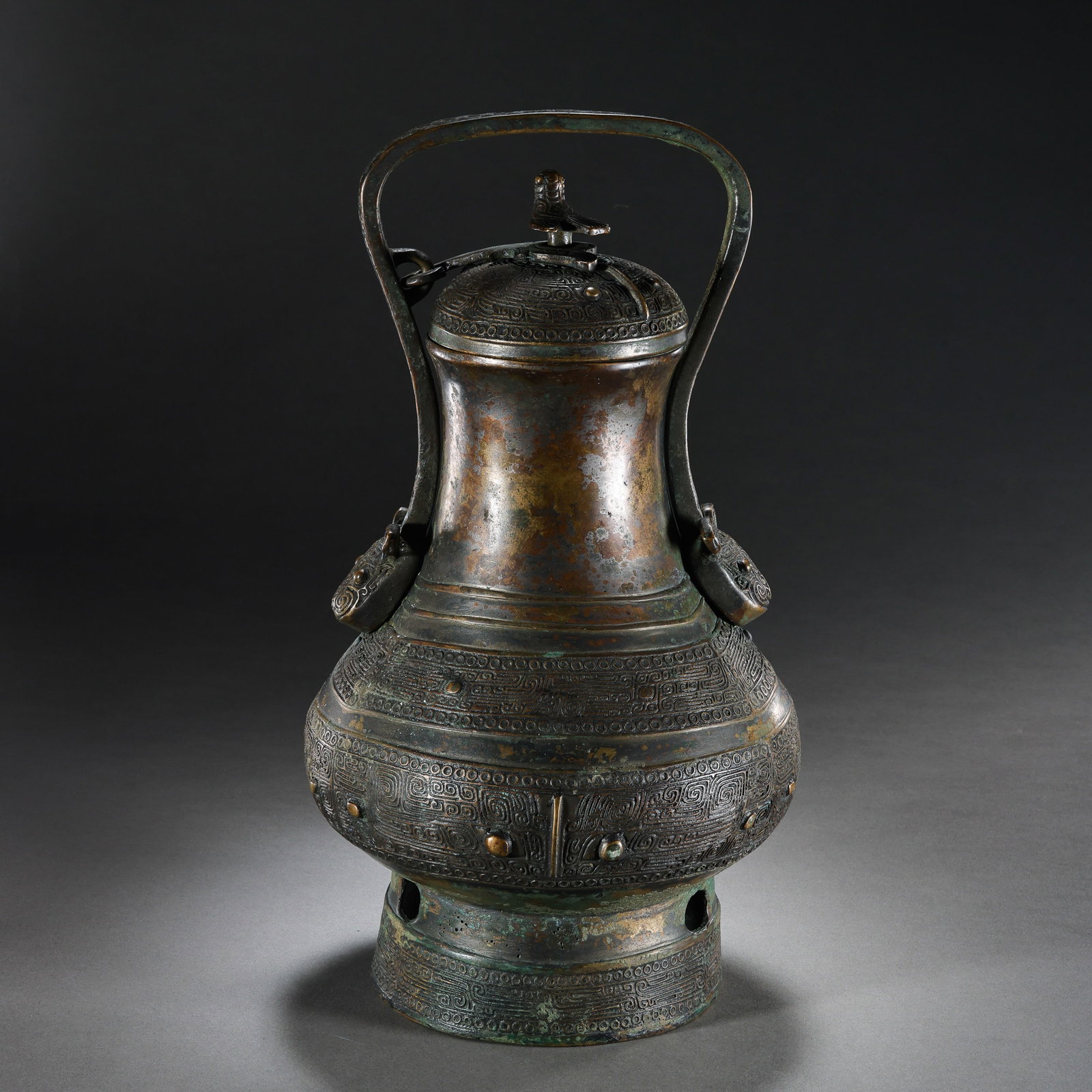 Chinese Han Dynasty bronze bottle with animal mask design and handle. (1 of 14)
