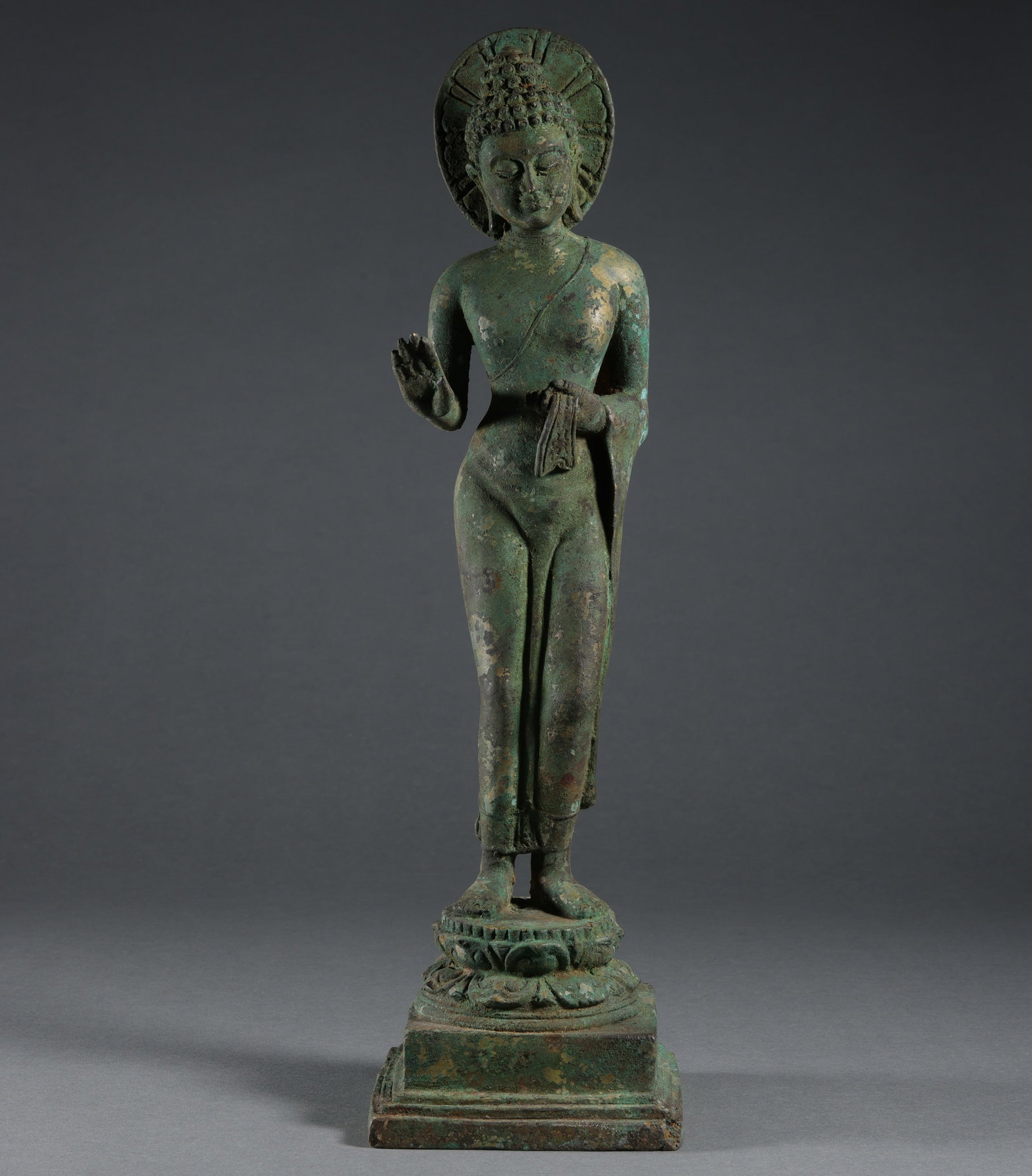 West Asian bronze standing Buddha statue: H . 38 cm . L . 10.5 cm . Weight 2420 gram .