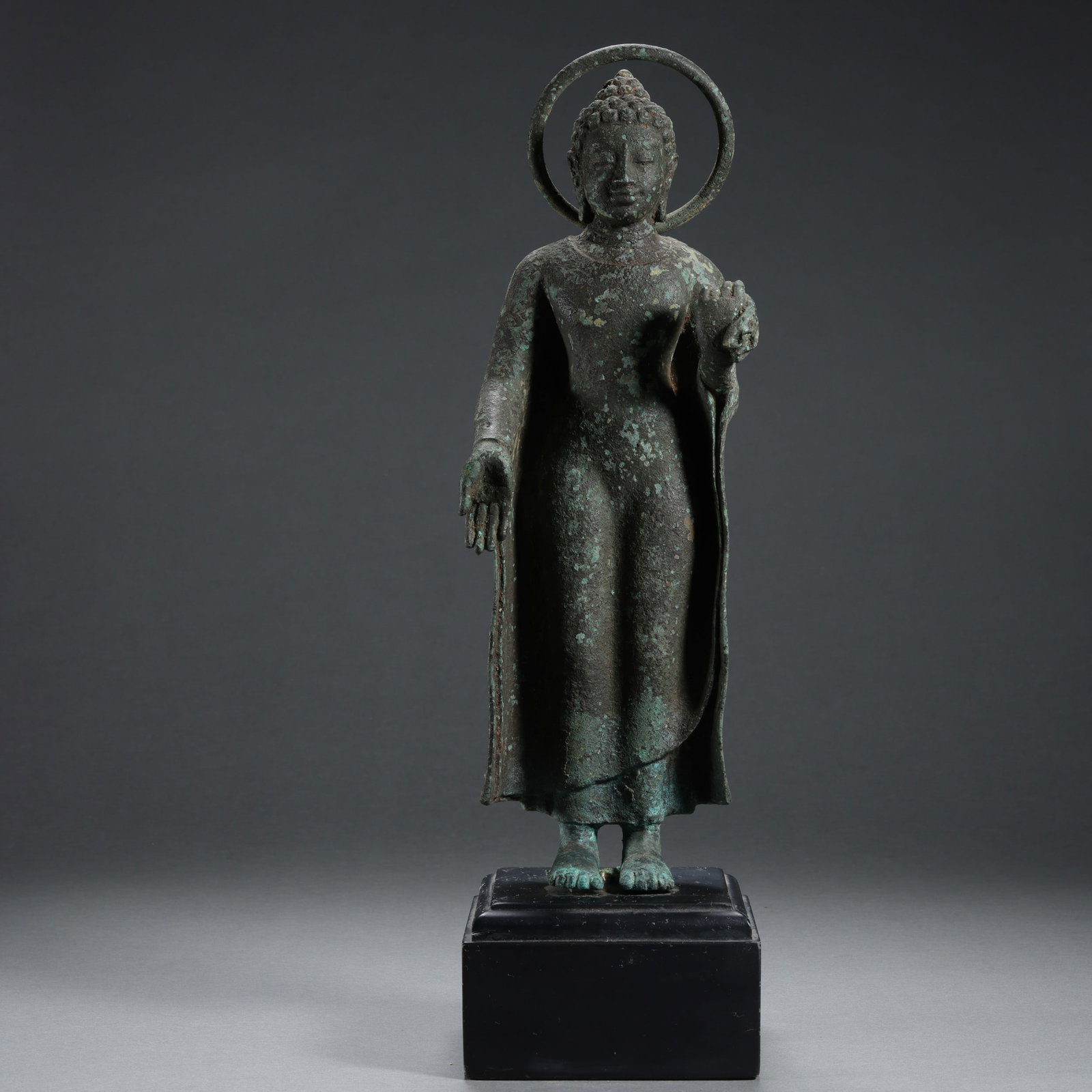 West Asian bronze standing Buddha statue: H . 36 cm . Weight 2240 gram .