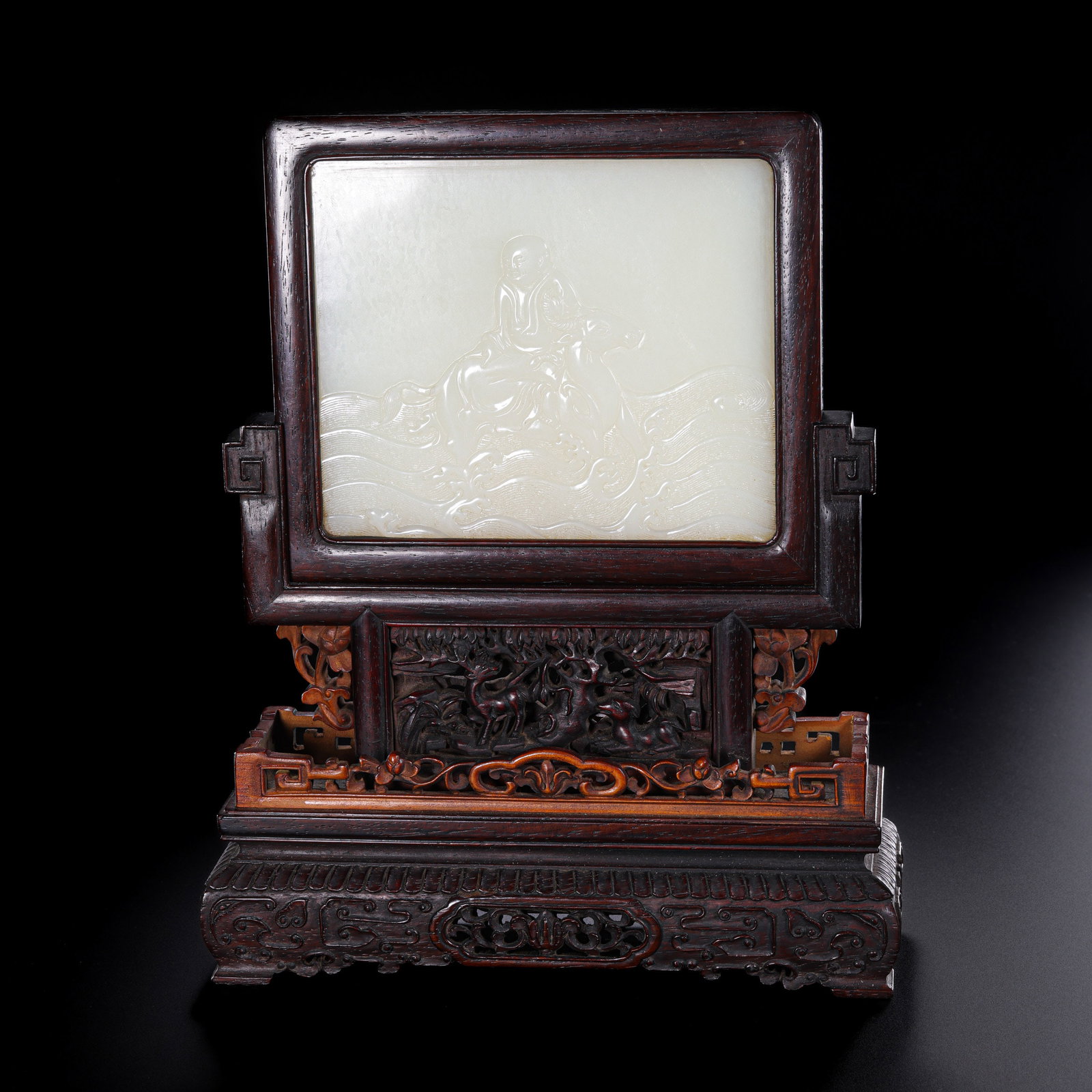 Chinese Qing Dynasty Hetian white jade screen: H . 23 cm . L . 18.5 cm . Weight 740 gram .