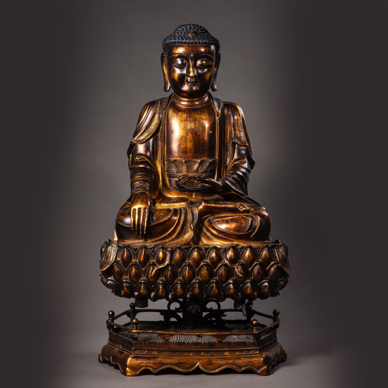Chinese Ming Dynasty Gilt Bronze Seated Buddha Statue: H . 77 cm . L . 41 cm . Weight 50200 gram .
