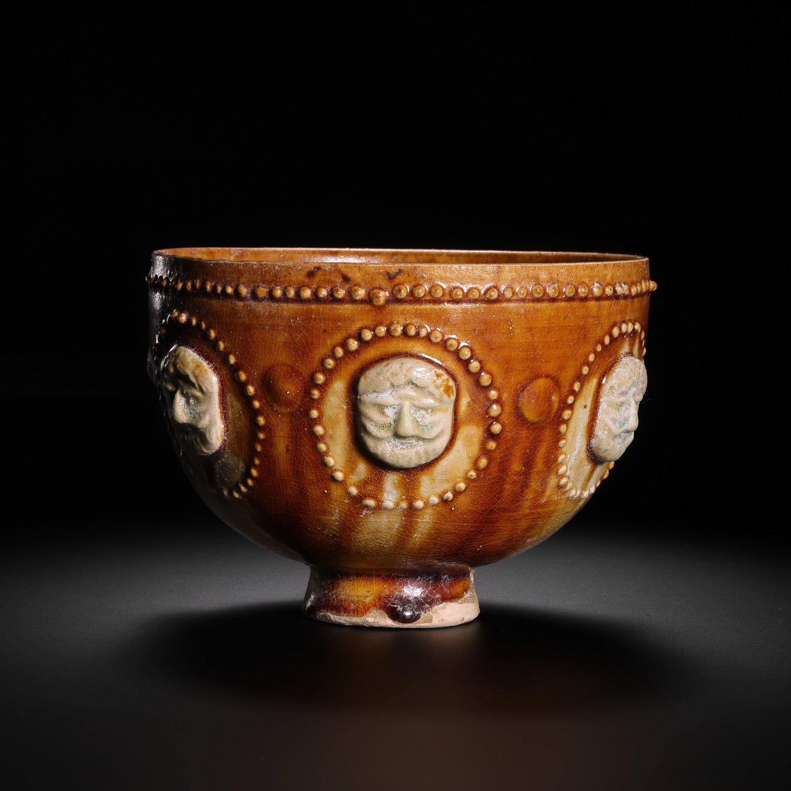 Chinese Sui Dynasty Yellow Glazed Bowl with Appliqué: Diam. 11 cm. H. 8 cm.