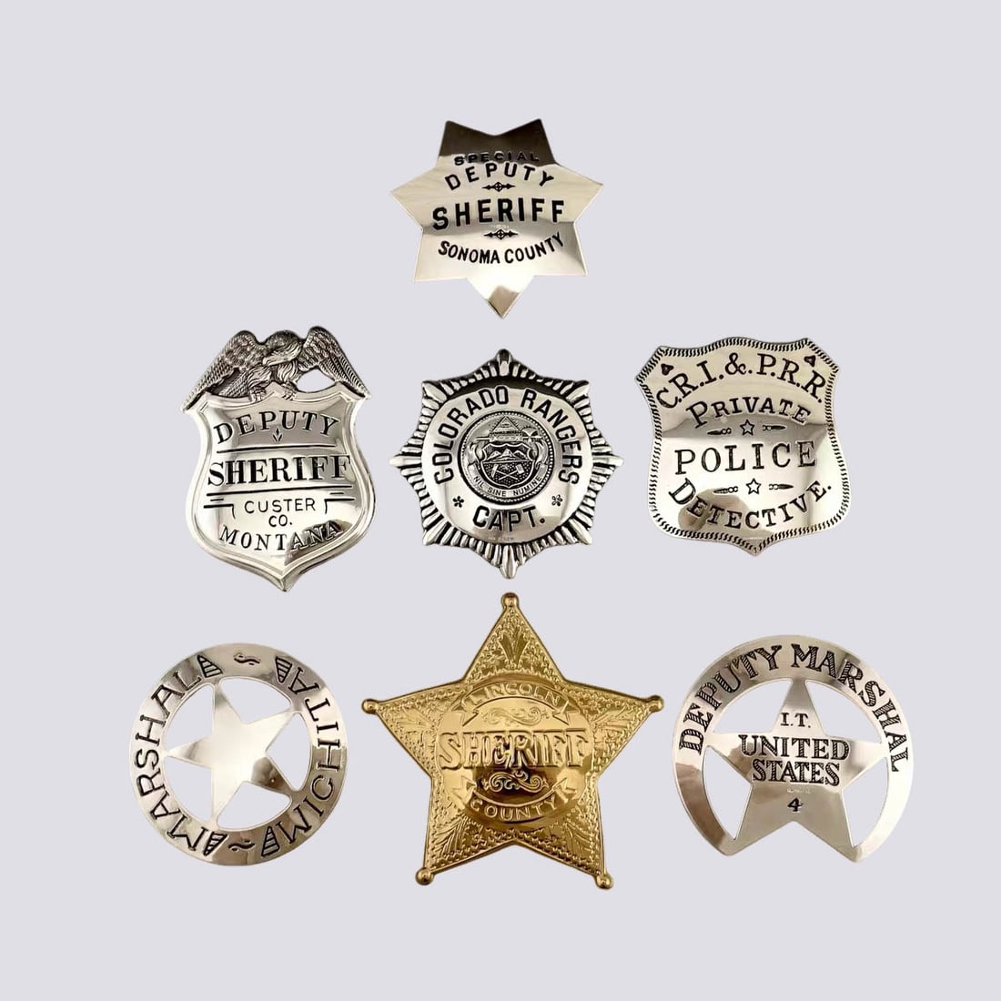 British?import hallmarked sterling silver American badges: British?import hallmarked sterling silver American badges, total weight approx. 133?g, Western antique silverware.Antique?style pieces are not brand?new. Signs of age are to be expected, including