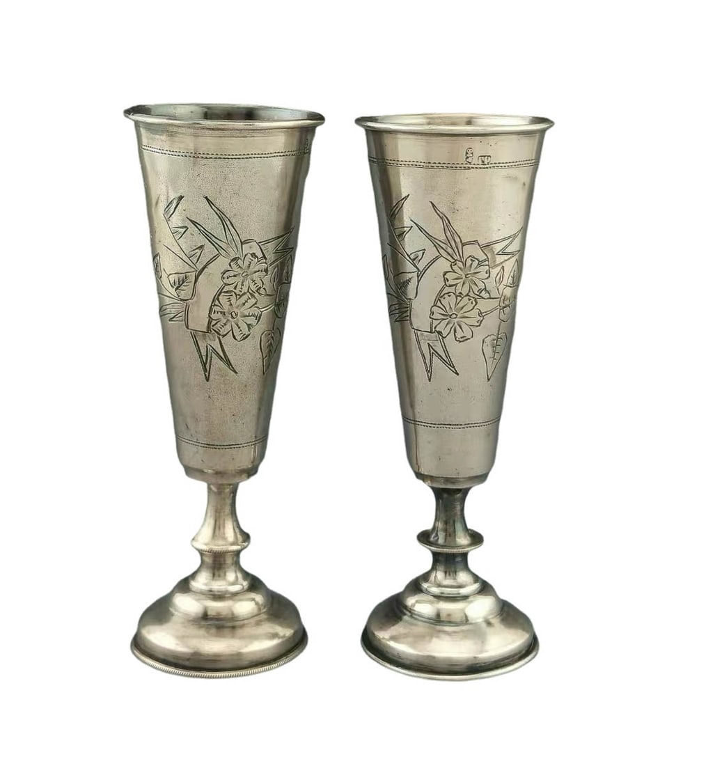 Pair of Russian Imperial Sterling?Silver Cups;: Pair of Imperial Sterling?Silver Cups; weight: 147?g; rim diameter approx 4.8?cm, height approx 13.5?cm.