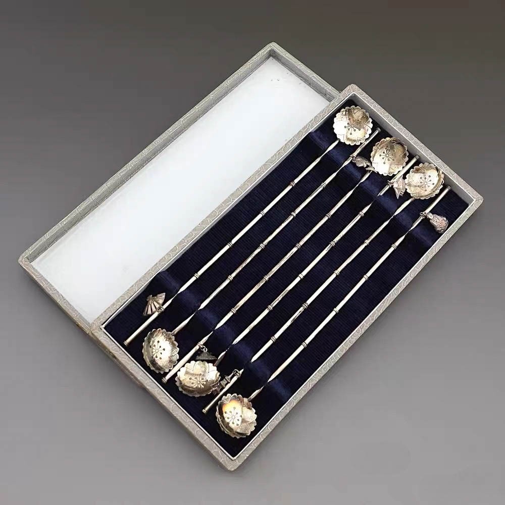 Japanese Sterling?Silver Straw?Spoon with Original Box;: Japanese Sterling?Silver Straw?Spoon with Original Box; cocktail spoon; weight approx. 57?g; approx. 9.06?in.The term “sterling silver” herein refers to solid non?plated silver and does not