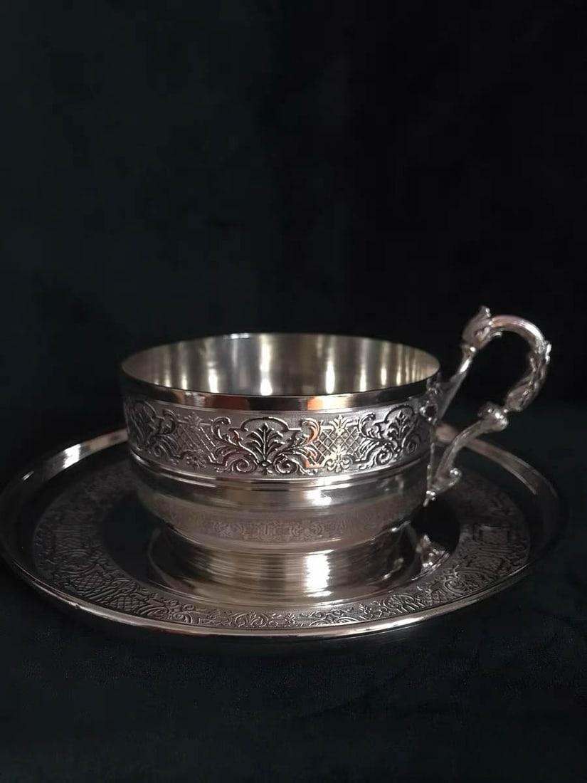 European Antique Silverware, Orientalist?style Sterling?Silver Teacup & Coffee Cup with Saucers (1 of 9)