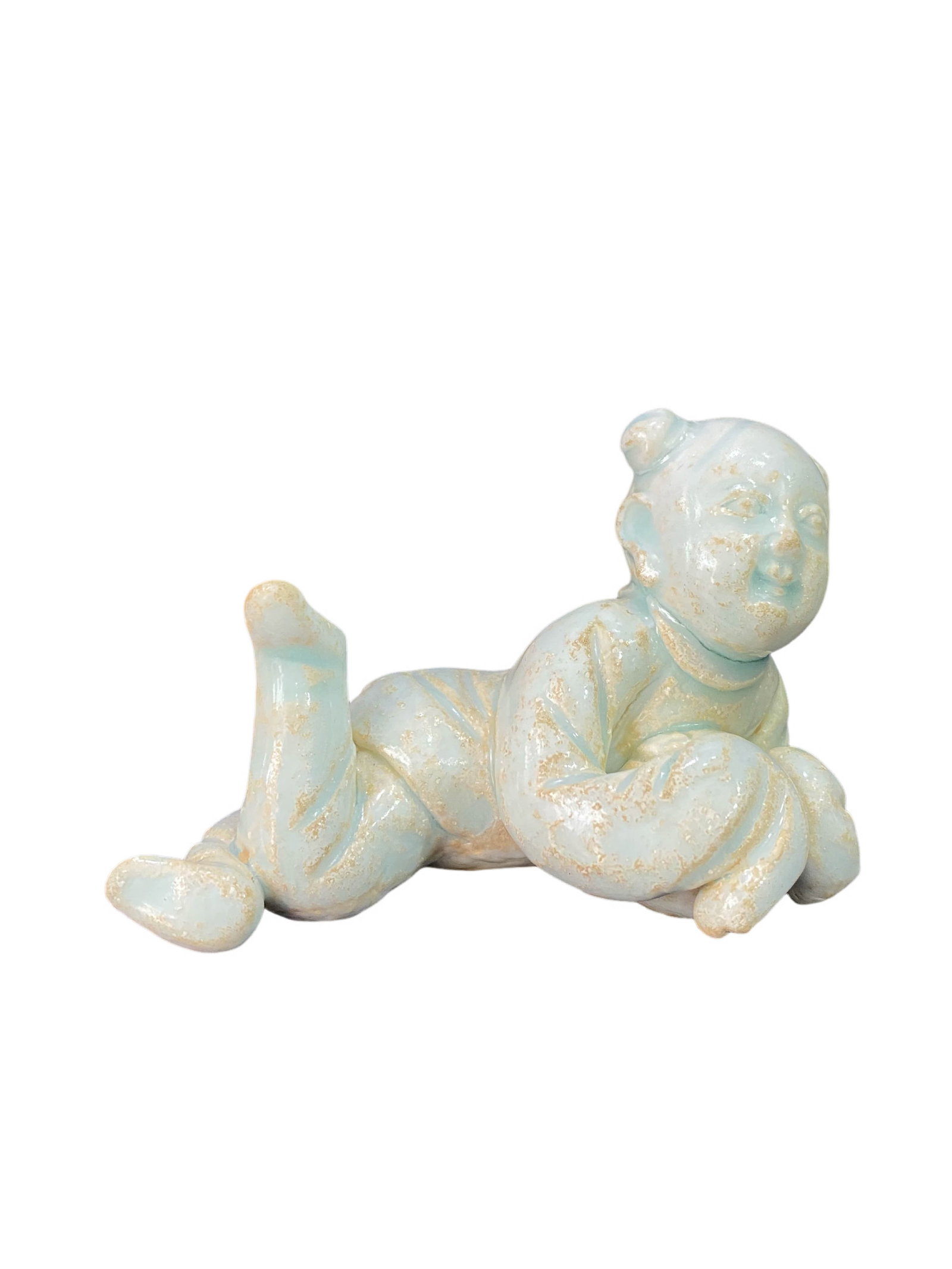 Ying?Qing Glaze Reclining Boy Porcelain Figurine: Object Name: Ying?Qing Glaze Reclining Boy Porcelain FigurineSuggested Period: Song Dynasty (Southern Song), Hutian Kiln SchoolDimensions: Length 7.8?cm (3.07?in); Height 5.8?cm (2.28?in)Condition: No
