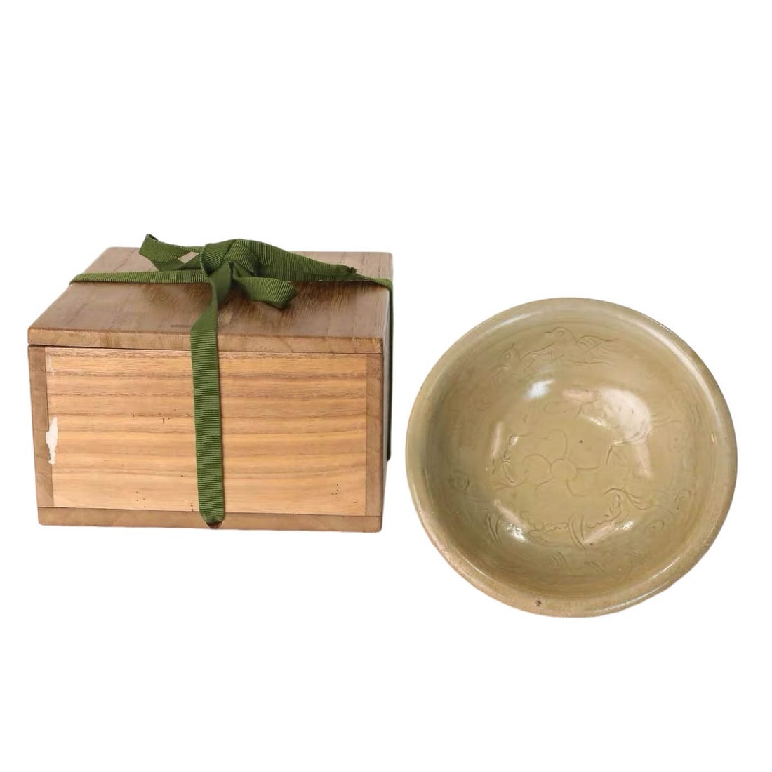 Yue Ware Celadon Bowl with Incised Bird and Floral Patterns: Dimensions: Mouth diameter 12.5 cm (4.92 inches), overall height 4 cm (1.57 inches)FormClassic imperial shallow-belly bowl with flared rim and gently curved tapering belly, paired with a small flat