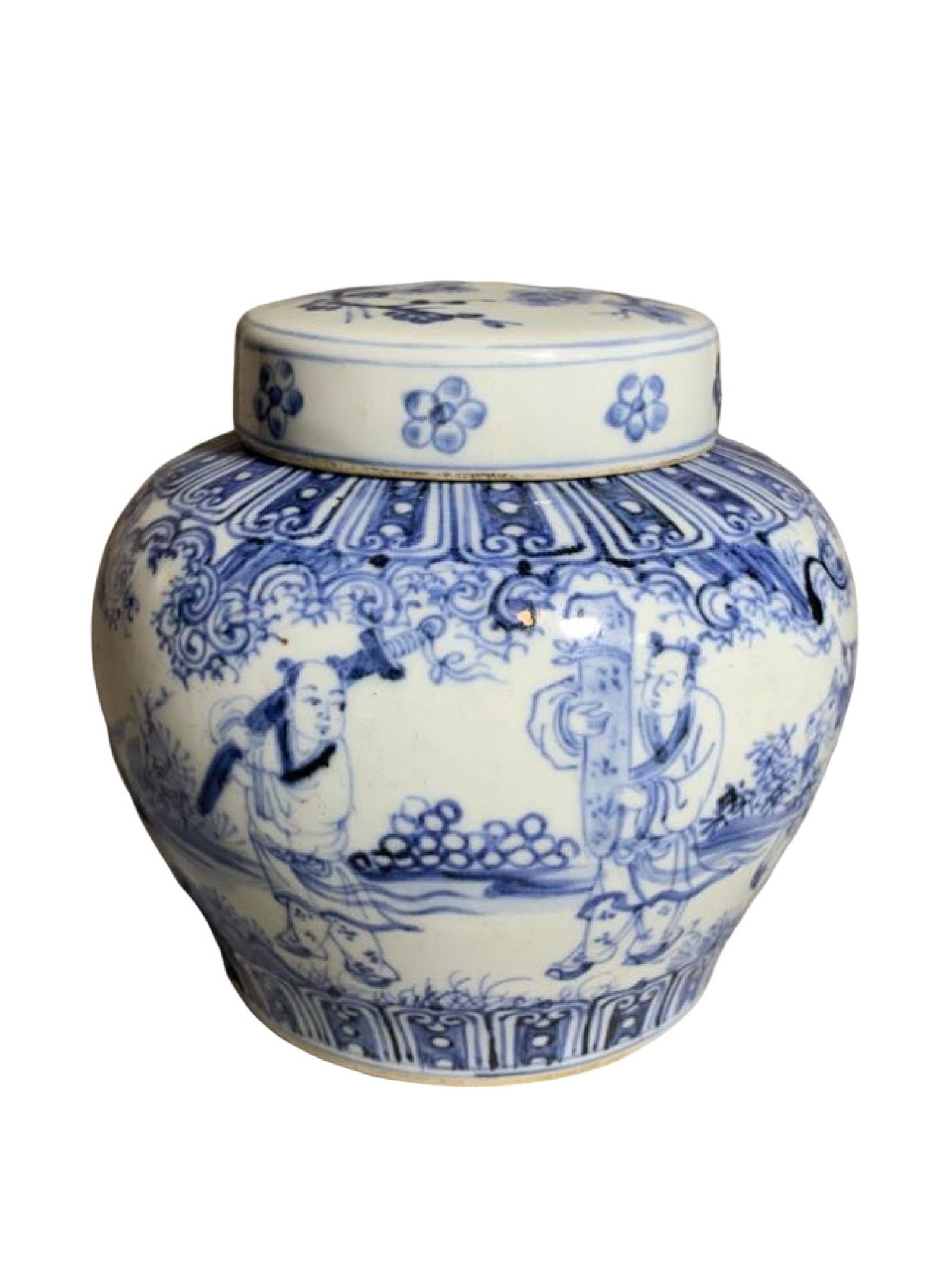 Blue?and?White Lidded Jar with Figural Narrative Scene (Xuande Mark): Blue?and?White Lidded Jar with Figural Narrative Scene (Xuande Mark)Basic ArchiveDimensions: Height 5.12 inches, Belly Diameter 5.35 inchesForm: Lidded jar with contracted mouthMark: Double?ring