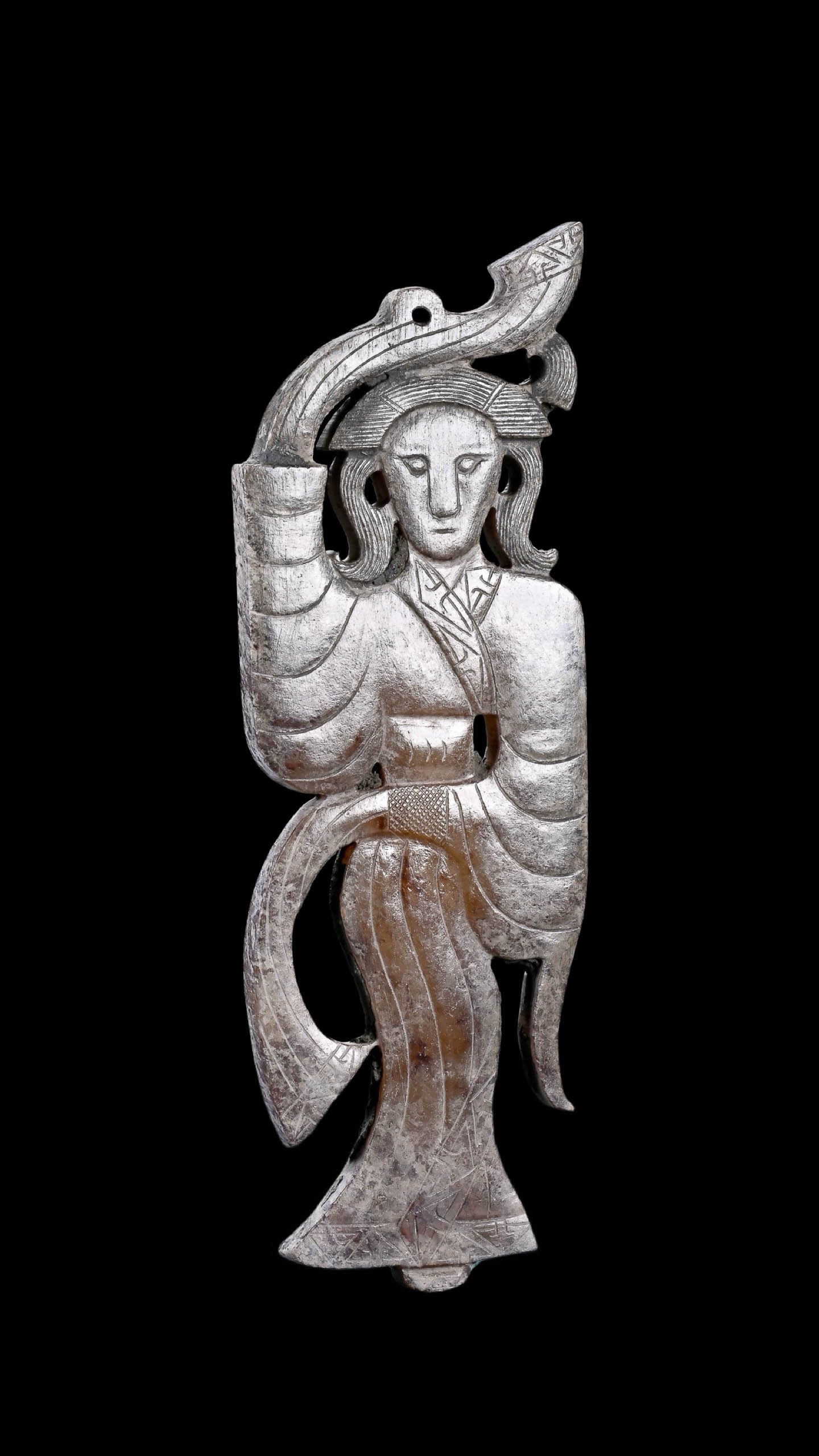 Jade Dancer Pendant: Jade Dancer PendantSuggested Period: Han DynastyBasic ArchiveDimensions: H 10?cm (3.94?in), W 3.5?cm (1.38?in); Weight 31?gCondition: Flat?carved as a single piece; no breaks, no cracks, no