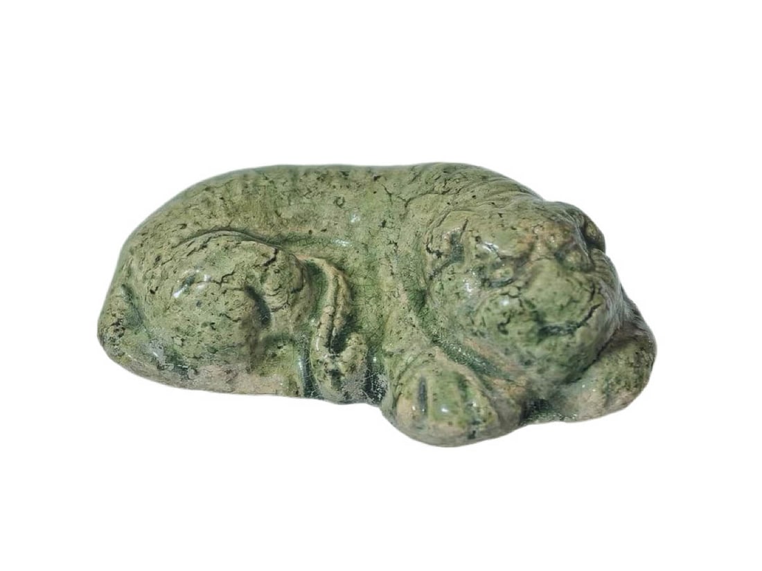 Ancient Kiln Green Glaze Molded Recumbent Tiger Ornament: Category: Low-temperature Green Glaze Molded Recumbent Tiger Paperweight for Scholar’s Studio, Ancient KilnKiln Introduction: Northern low-temperature colored glaze kiln series (famous for molded