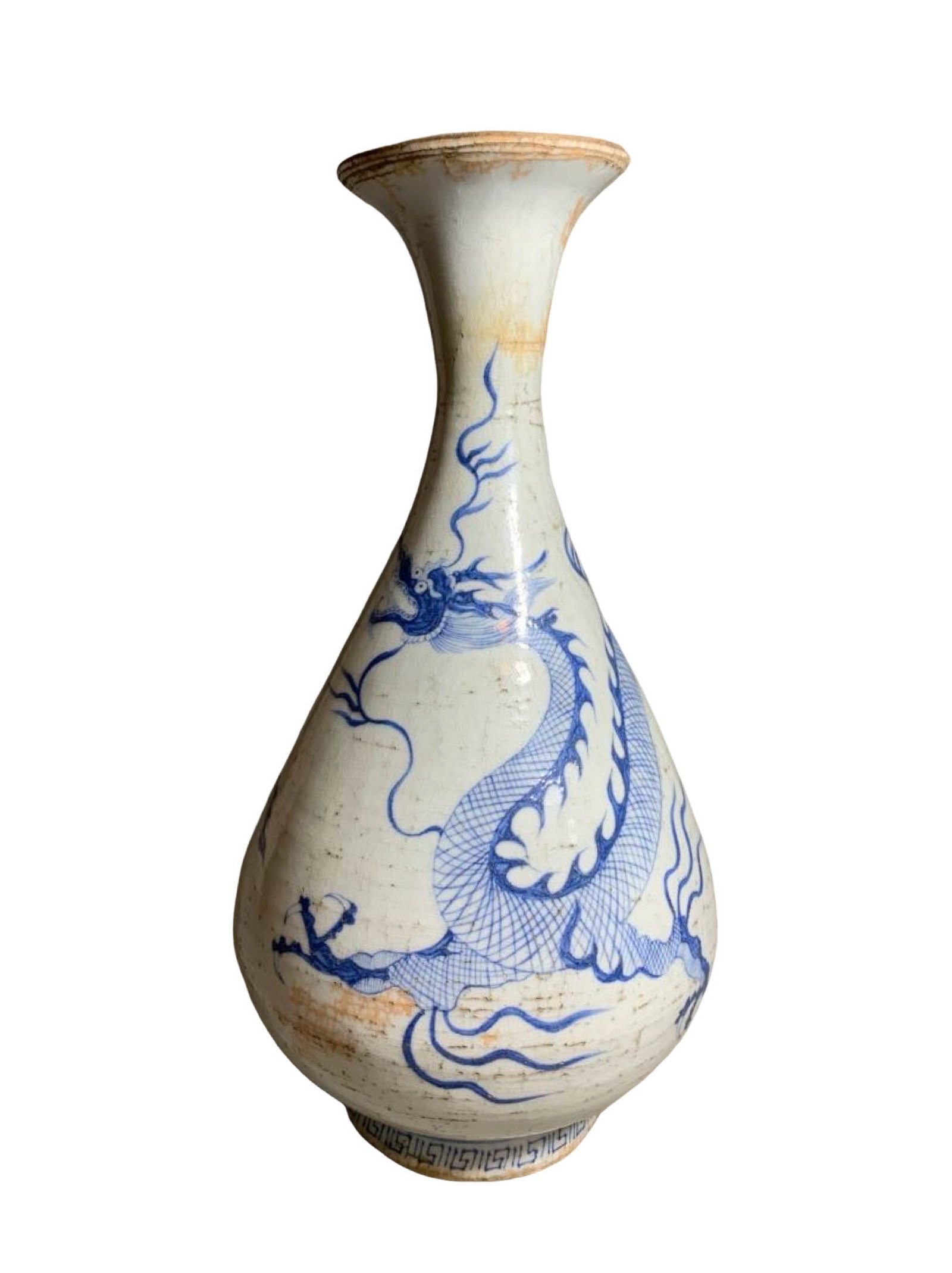Blue?and?White Dragon?Pattern Yuhuchun Vase, Yuan?style: Blue?and?White Dragon?Pattern Yuhuchun Vase, Yuan?styleDimensions: Height 32?cm (12.60?in), Abdominal Diameter 16?cm (6.30?in)Condition: No breaks, cracks or restorations across the entire vessel. The