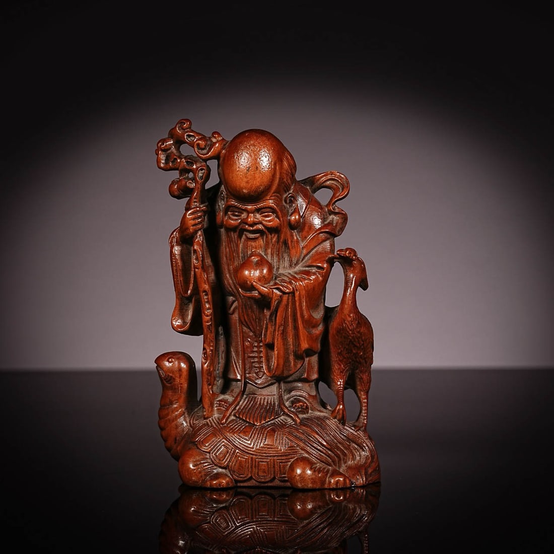Wood?Carved God of Longevity with Turtle and Crane Group: H10cm;W6.5cm;Wt80g;Wood?Carved God of Longevity with Turtle and Crane GroupSuggested Date: Qing DynastyDimensions: Height 10?cm (3.94?in), Width 6.5?cm (2.56?in); Weight 80?gMaterial: Fully carved