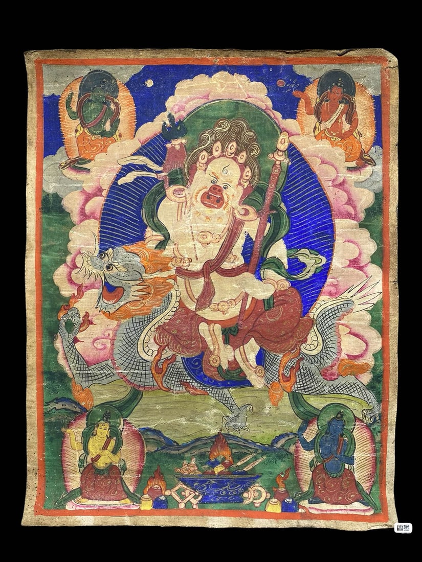 Tibetan Thangka of White Jambhala: Tibetan Thangka of White JambhalaSuggested Date: Late Qing Dynasty (Pre?1911)Material and Technique: Hand?painted on coarse linen support with mineral pigments in traditional Tibetan thangka painting
