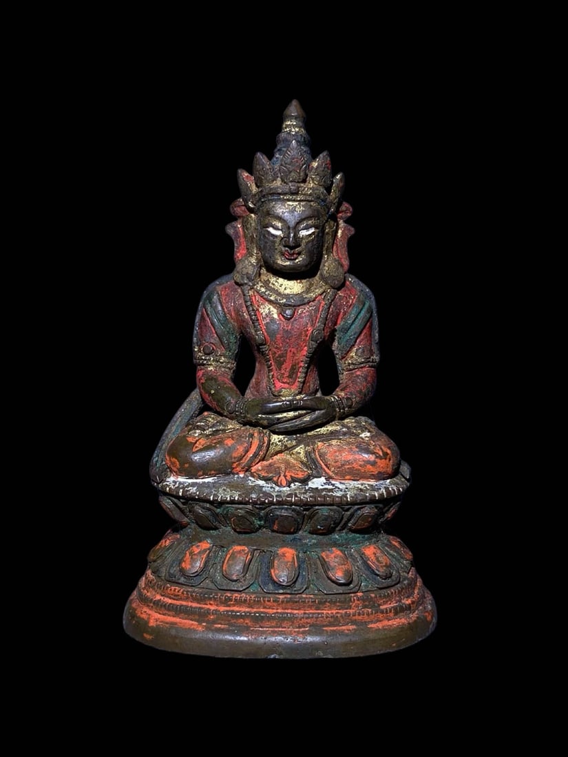 Bronze Amitayus Buddha with Gilding and Polychrome Decoration: Bronze Amitayus Buddha with Gilding and Polychrome DecorationSuggested Date: Yongzheng Period, Qing DynastyDimensions: Height 2.95?inchesWeight: 110?gramsMaterial and Technique: Cast in fine bronze