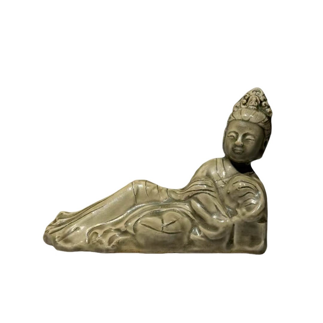 Reclining Glazed Porcelain Statue of Water?Moon Guanyin: Reclining Glazed Porcelain Statue of Water?Moon GuanyinAttributed Period: Song Dynasty, Yue?Yao WareDimensions: Length 15?cm (5.91?in), Height 10.02?cm (3.94?in)DescriptionMaterial &