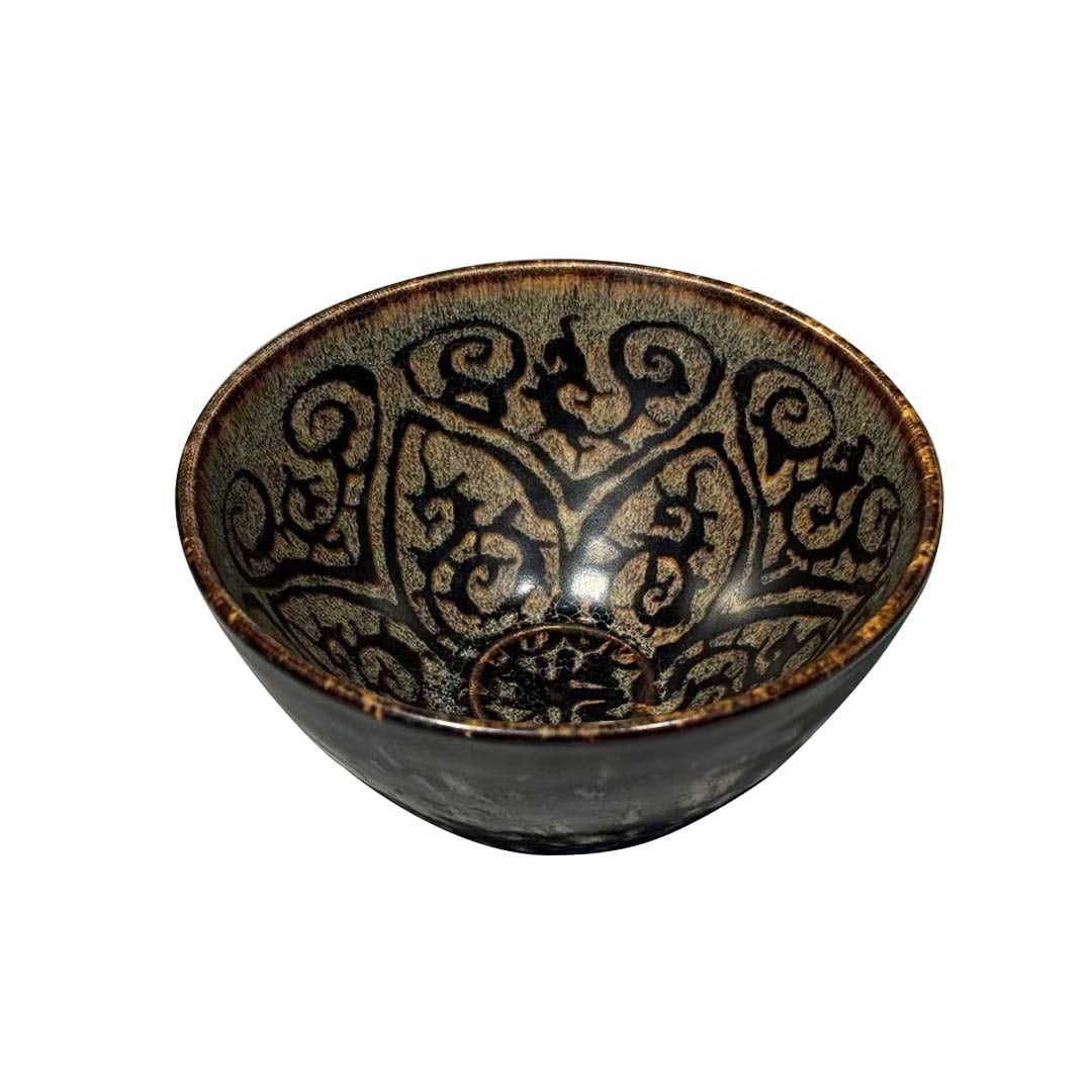 Jizhou?Kiln Tortoiseshell?Glazed Tea Bowl with Reserve?Panel Scroll?Floral Motifs: Jizhou?Kiln Tortoiseshell?Glazed Tea Bowl with Reserve?Panel Scroll?Floral MotifsSuggested Period: Southern Song Dynasty, Jizhou KilnDimensions: Diameter 4.33 in, Height 2.36 inObject
