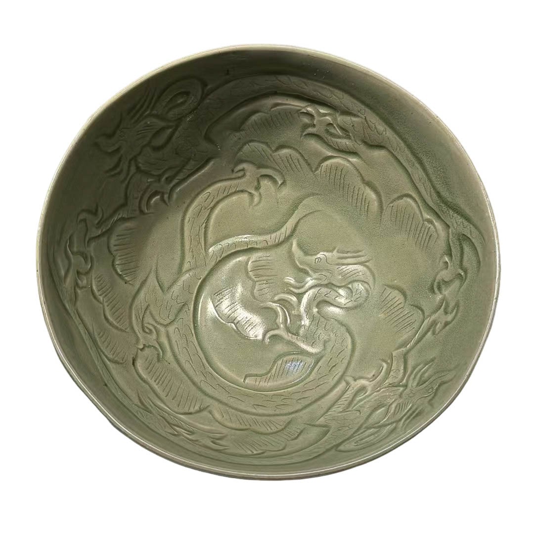 Celadon Large Bowl with Incised Dragon Decoration: Celadon Large Bowl with Incised Dragon DecorationSuggested Period: Yuan Dynasty, Longquan Kiln GroupDimensions: Diameter 6.69 in, Height 3.15 inObject DescriptionMaterial and CraftsmanshipThe bowl