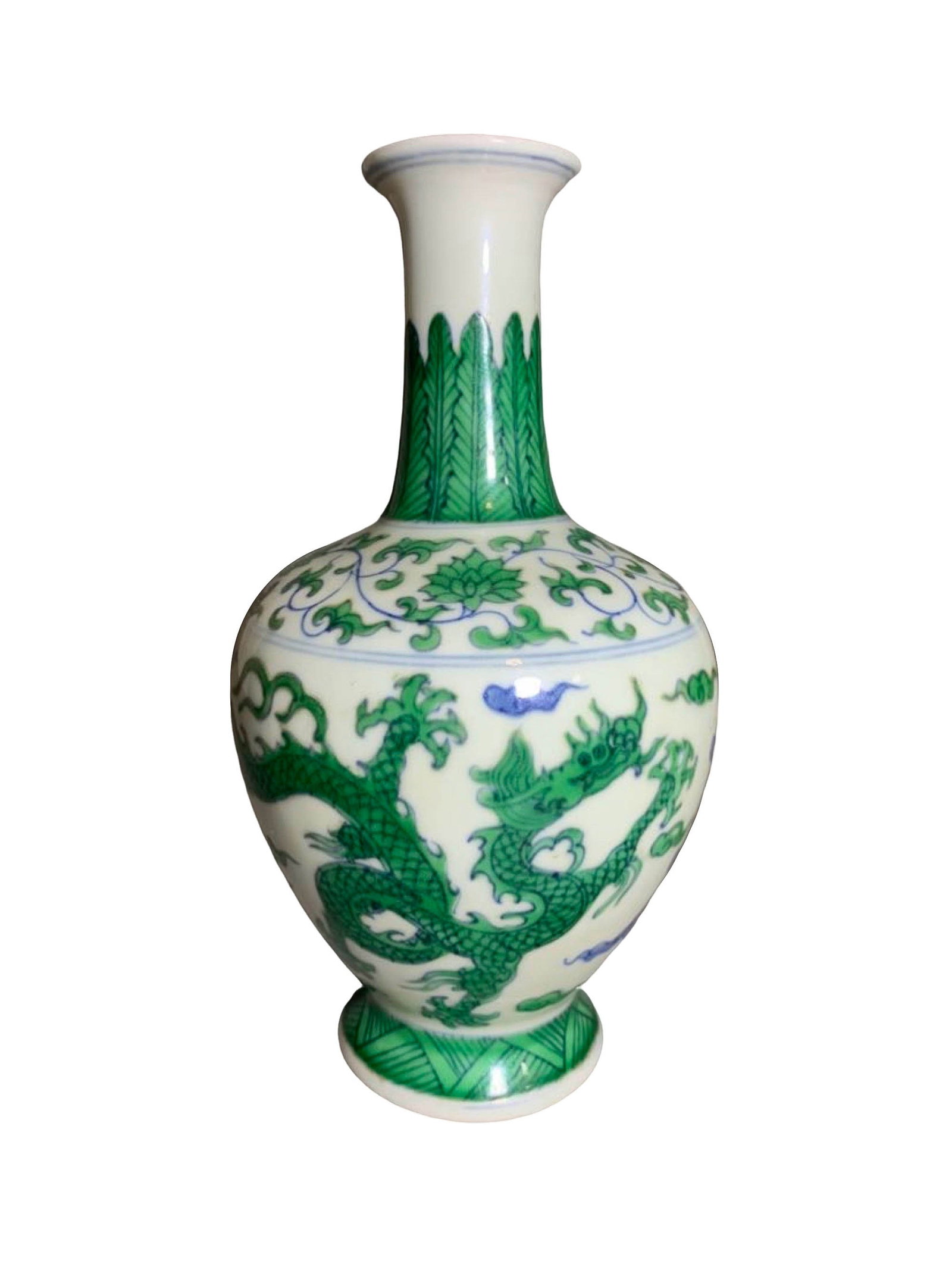 Doucai Dragon Pattern Long-Neck Vase: Doucai Cloud and Dragon Pattern Flared-Mouth Long-Neck VaseSuggested Period: Late Qing Dynasty, imitating Chenghua style of the Ming DynastyDimensions: Height 7.48 in, Belly Diameter 3.94 inMark: