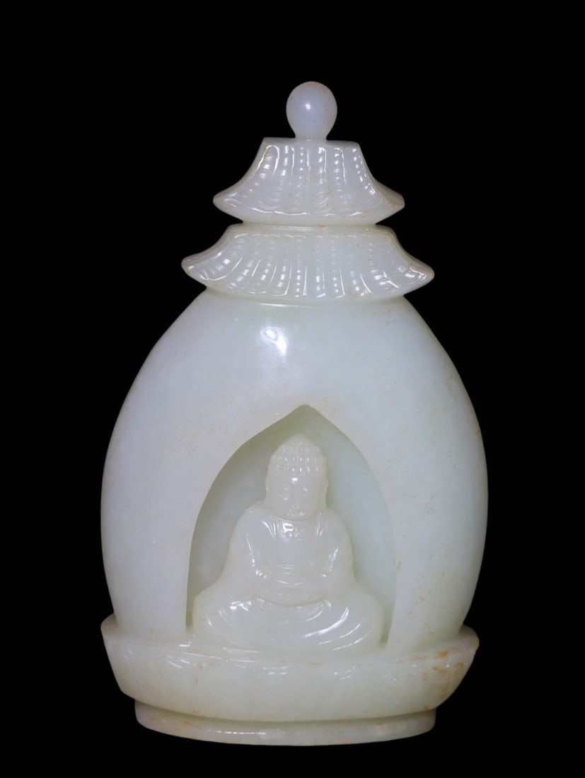 Hetian Jade Shrine?Figure Ornament: Object Name: Hetian Jade Shrine?Figure OrnamentSuggested Period: Qing DynastyDimensions: Height 5.20 in, Width 3.03 in, Thickness 1.06 inWeight: (gram weight to be supplemented)Condition: Overall