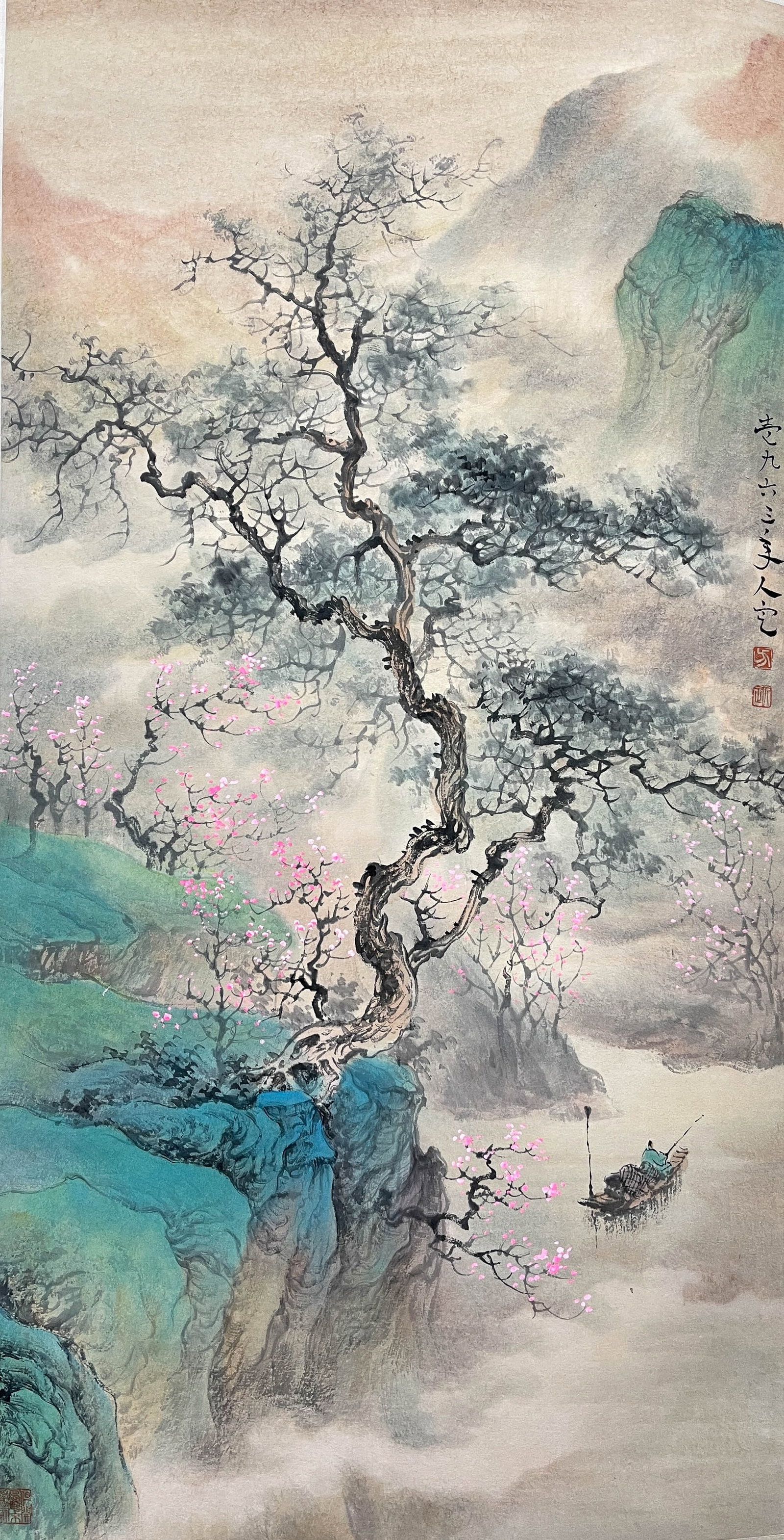 Fang Rending, *Fishing Alone in Spring Mountains*, ink on paper, hanging scroll: 95*49cm;