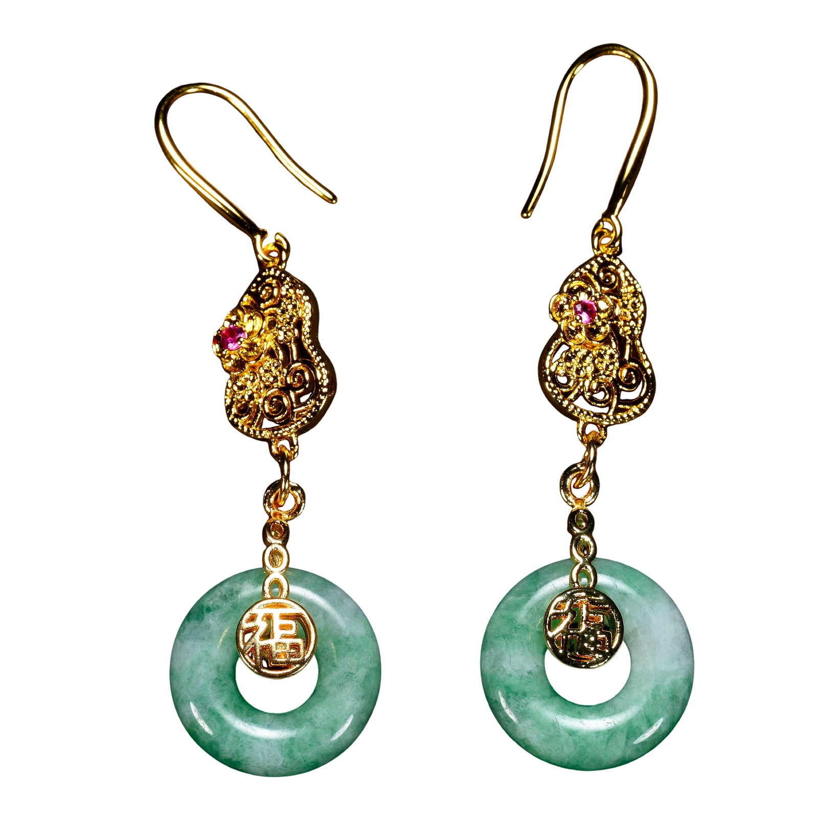Gilt?Silver Filigree Earrings with Jadeite Safety?Ring & Fu?Character: Period?Republic of China Dimensions?D:1.2cm, Wt:8.5g Condition & Provenance?Provenance: Old Texas Collection. Gilt?silver filigree work. Gourd?shaped filigree element accented with ruby inlay, suspend