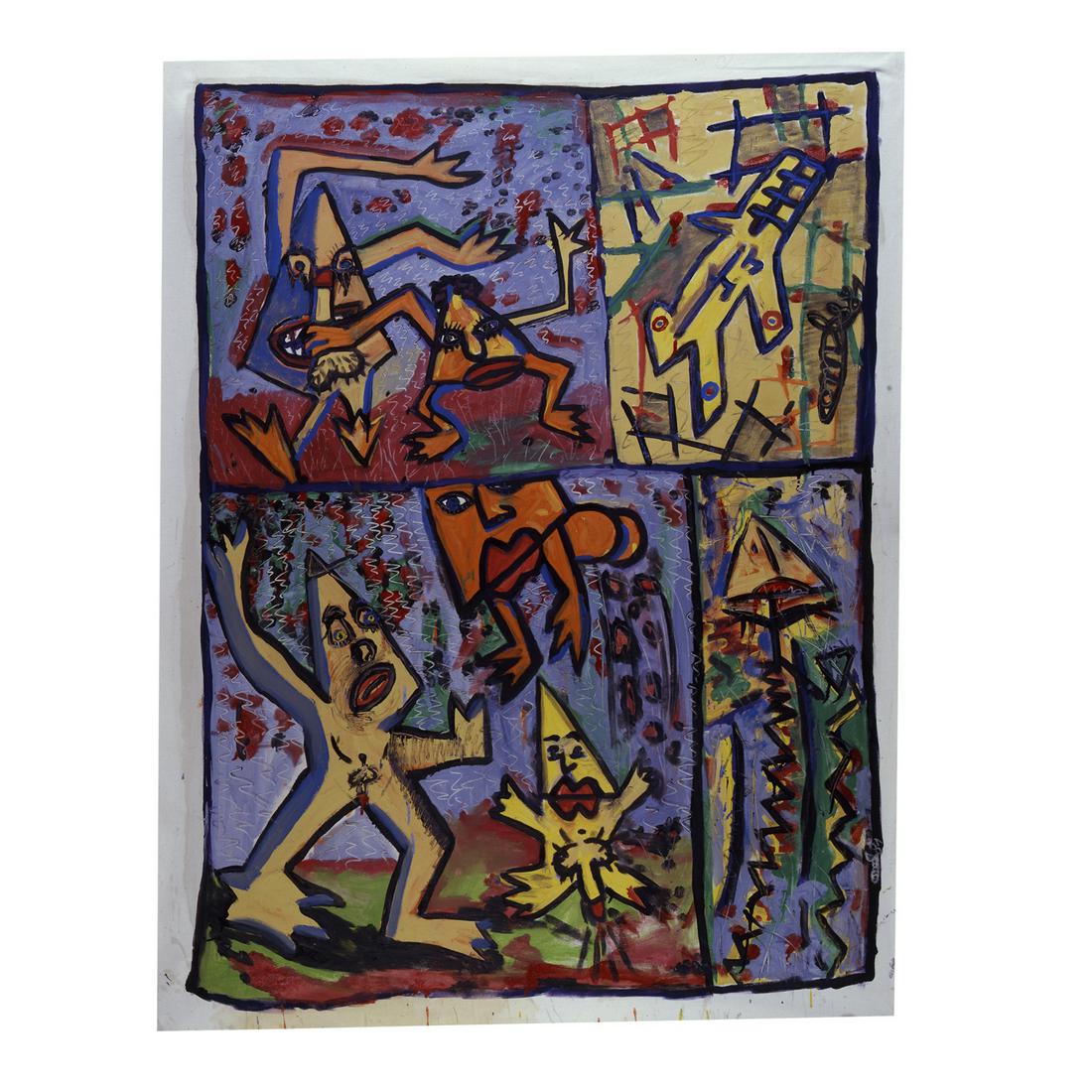 Robert Combas (born in 1957): Robert Combas (born in 1957) Les triangles rigolent, chient et pissent (y'a aussi un avion), 1981-1982 1981-1982 Acrylic on canvas Painting 146 x 110 cm Signed and dated twice upper right and lower ri