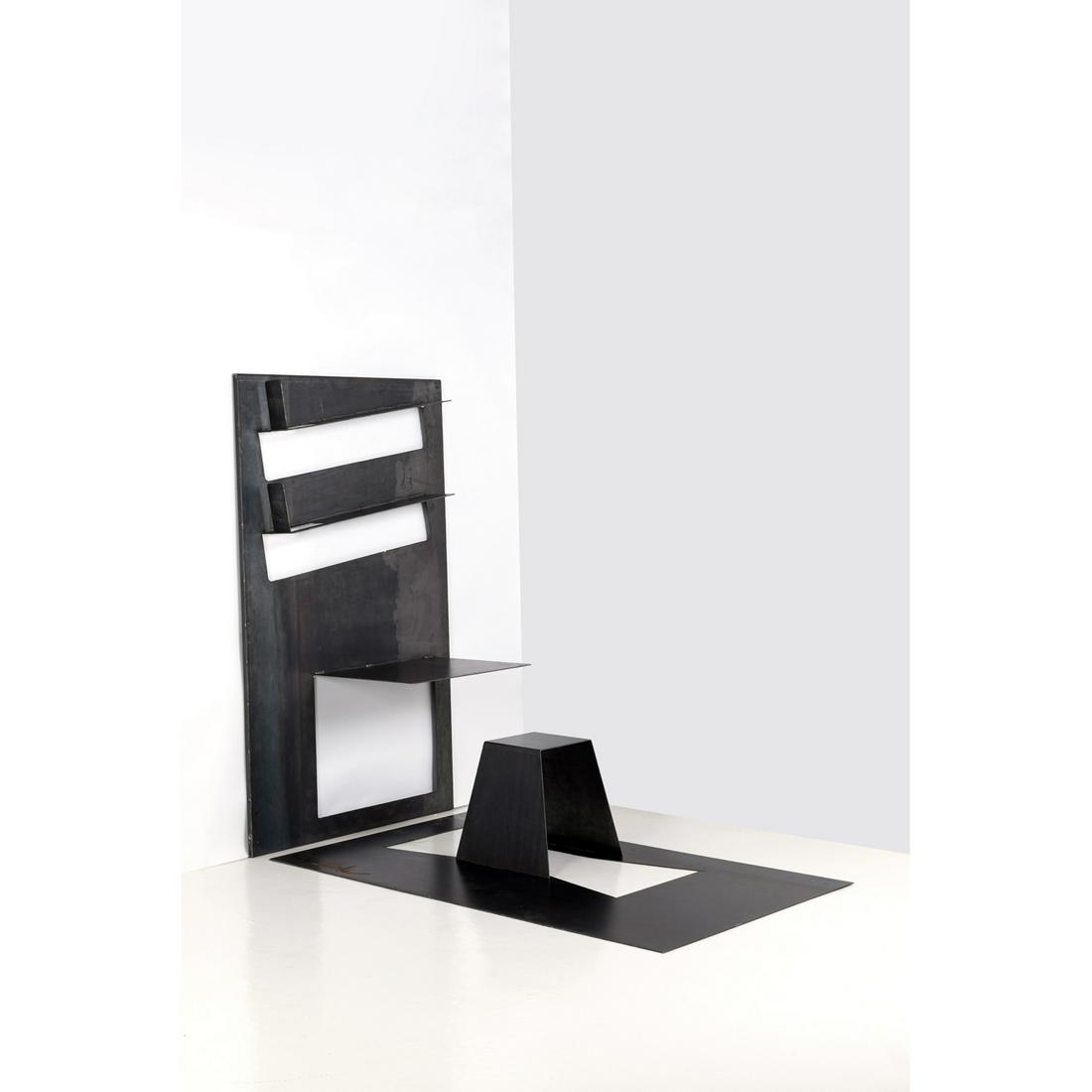 Tejo Rémy (born in 1960) Shelves, suspended desk: Tejo Rémy (born in 1960) Shelves, suspended desk and chair Steel Creation date: 1995 Vertical panel: H193×L115×P23,5cm Horizontal panel: H200×L113×P0,5cm Chair: 47,5×L43,