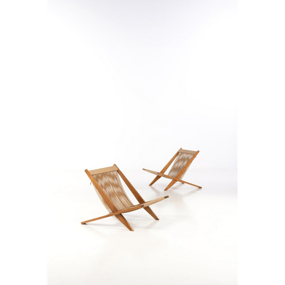 Poul Kjaerholm (1929-1980) & Jørgen Høj: Poul Kjaerholm (1929-1980) & Jørgen Høj (1925-1994) Pair of lounge chairs Ash wood and rope Fabriquées par Thorvald Madsen Snedkeri Distribué par Bo-Ex Creation date: 1952 H 63