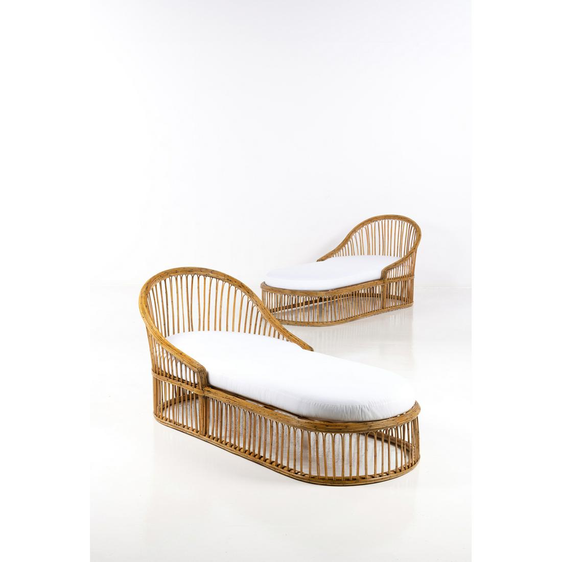 Travail italien (XX) Pair of daybeds Rattan and fabric: Travail italien (XX) Pair of daybeds Rattan and fabric Creation date: circa 1950-1960 H 86×L 182×P 87 cm