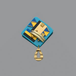 Antonio Cagianelli (born 1968) Egypt collection Brooch: Antonio Cagianelli (born 1968)Egypt collectionBrooch in resin and inlay colored plexiglass with gold metal elementsUnique pieceMonogrammed2019Dimensions: 6,5 x 6,5 cm