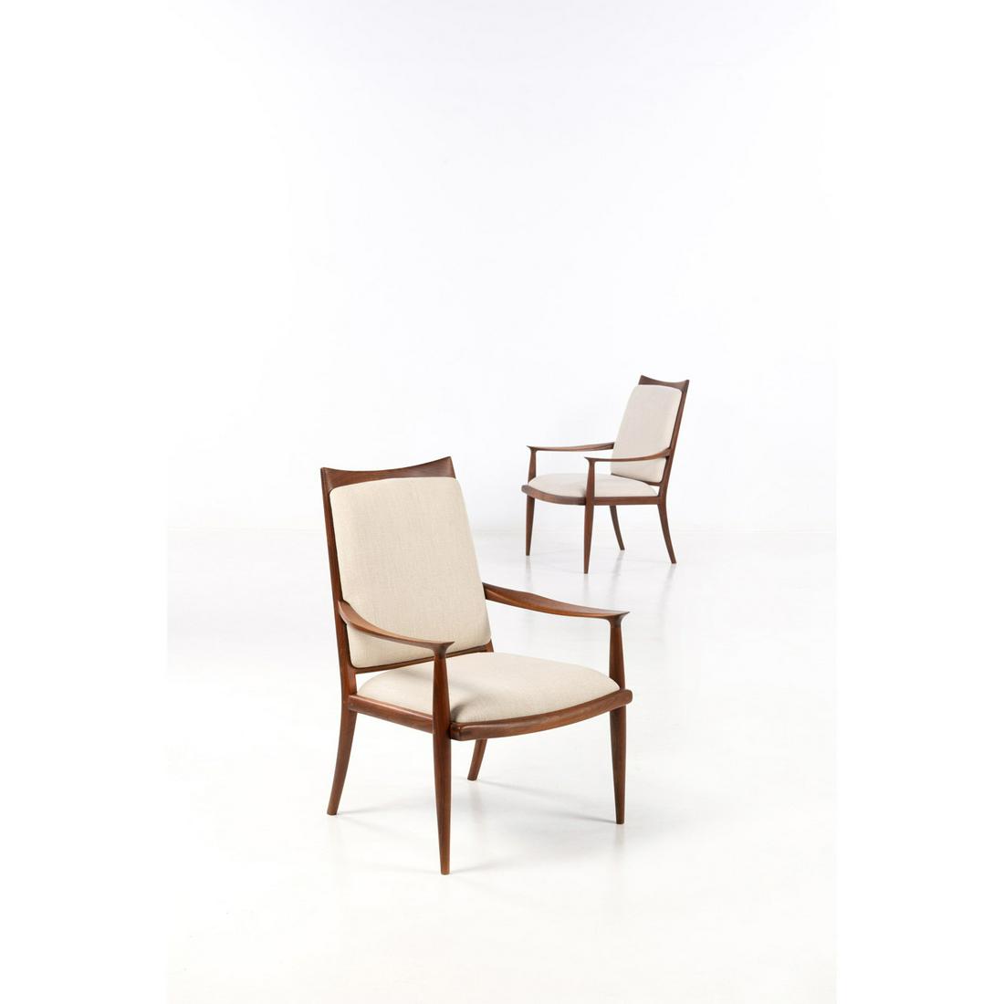 John Nyquist (born 1936) Pair of armchairs - Unique: John Nyquist (born 1936) Pair of armchairs - Unique piece Walnut and leather Artist's monogram Creation date: 1968 H 93×L 63×P 62cm