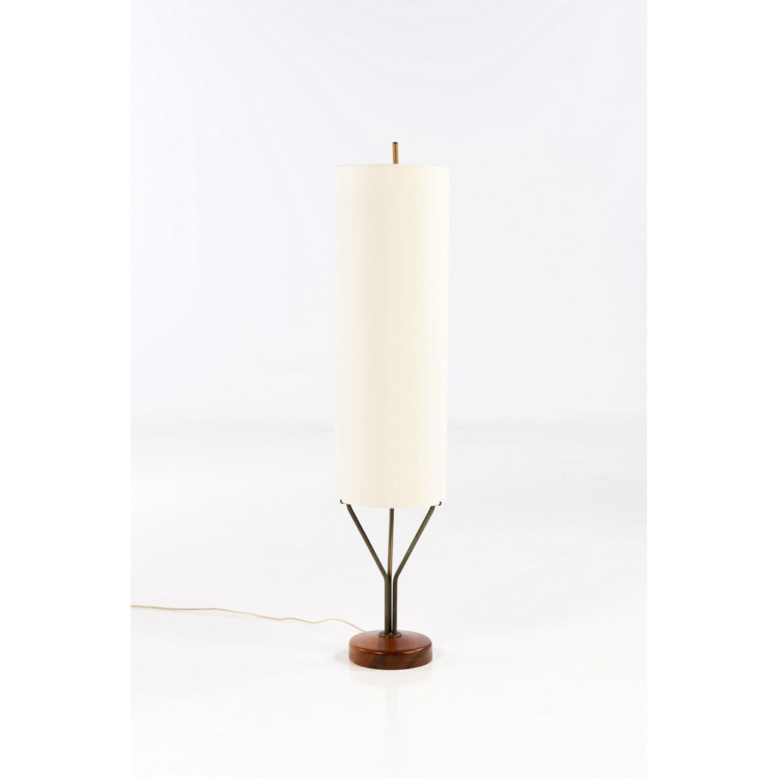 René-Jean Caillette (1919-2005) Model B1: René-Jean Caillette (1919-2005) Model B1 Floor lamp Walnut, brass, white-lacquered metal and fabric Pierre Disderot edition Creation date: 1951 H 110×Ø 24 cm Provenance: - Galerie Pasca