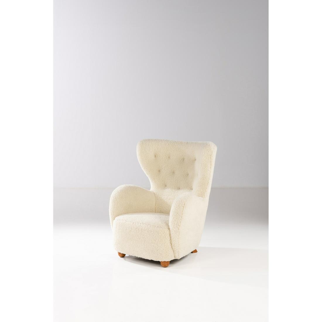 Flemming Lassen (1902-1984) attributed to Armchair: Flemming Lassen (1902-1984) attributed to Armchair Beechwood and sheepskin Creation date: circa 1930 H 104×L 83×P 87 cm