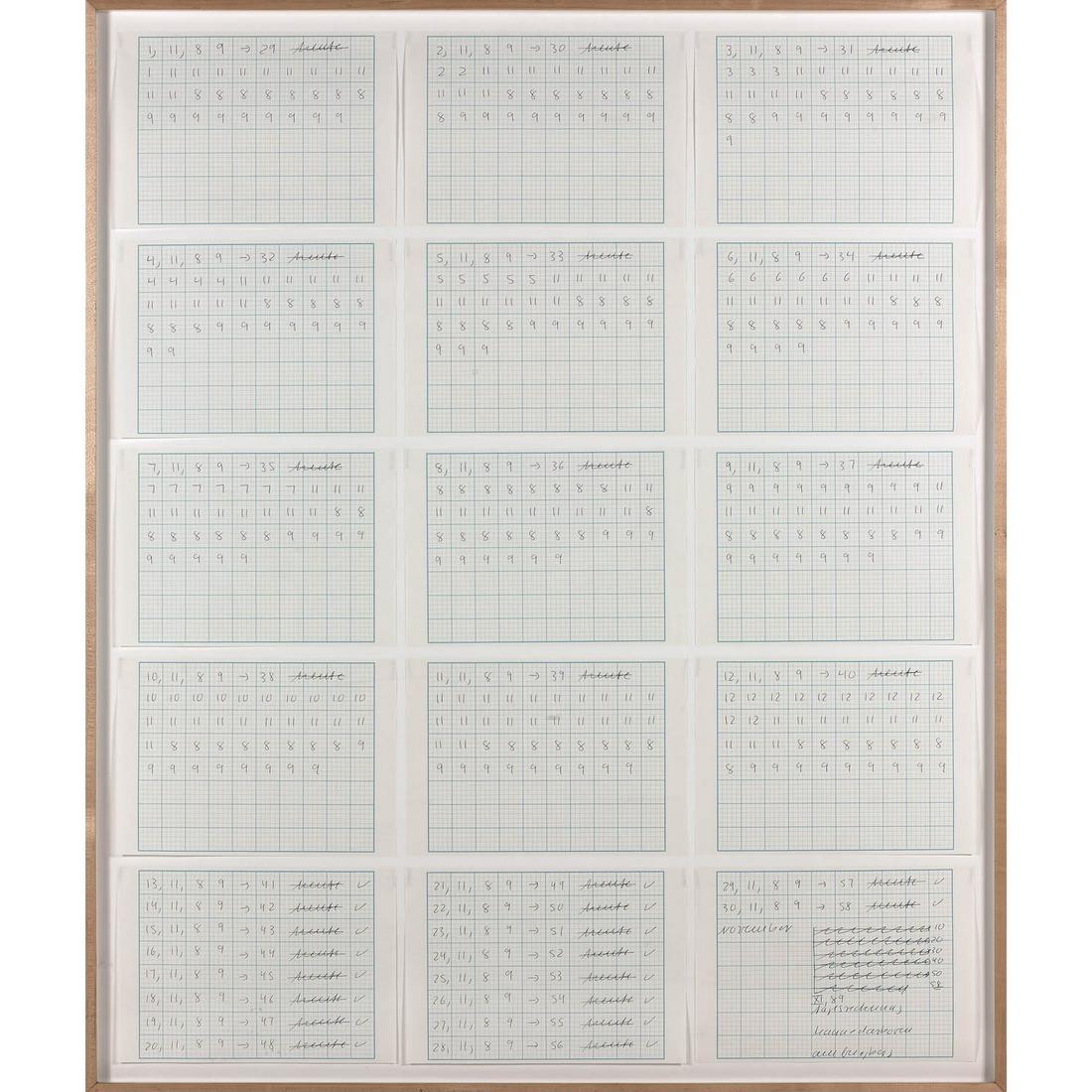 ƒ Hanne Darboven (1941-2009) XI, 89, 1989: ƒ Hanne Darboven (1941-2009) XI, 89, 1989 Black ballpoint pen on gridded paper (15 sheets mounted on panel) Signed, dated and titled on the bottom right 113 x 95 cm Provenance: - Leo Castelli, Ne
