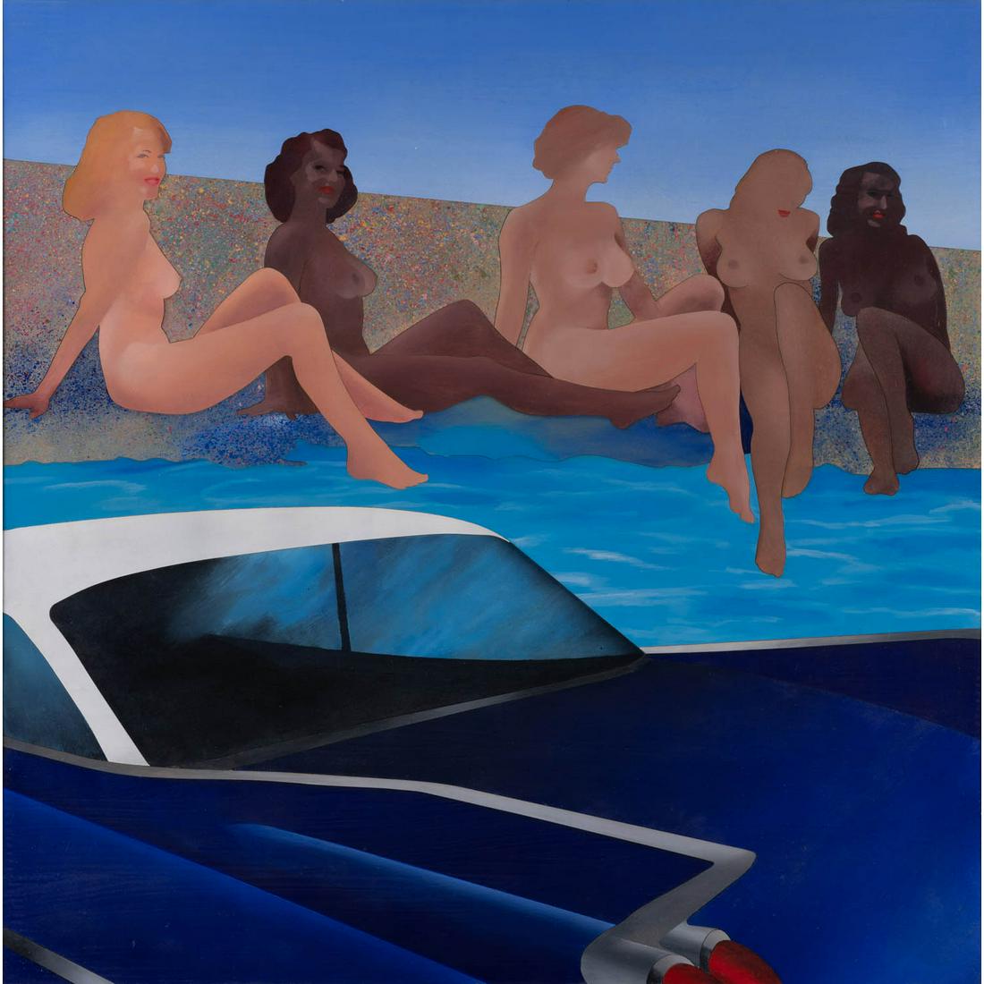 Antony Donaldson (born 1939) Near blue cadillac and a: Antony Donaldson (born 1939)Near blue cadillac and a pool. Silent charms, Boileau, Apr. 1st, 2007Acrylic on laser-cut and assembled MDF panelsSigned, double dated, titled and annotated on the reverse1