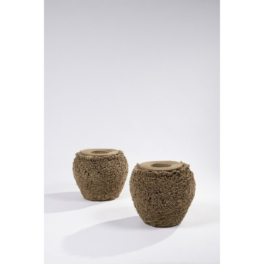 Christian Astuguevieille (born 1946) Pair of tactile: Christian Astuguevieille (born 1946)Pair of tactile vases - Unique piecesCut hemp rope and coiled hempEngraved '93590' and '93619' beneath the baseCreation date: 1992H 47 × Ø