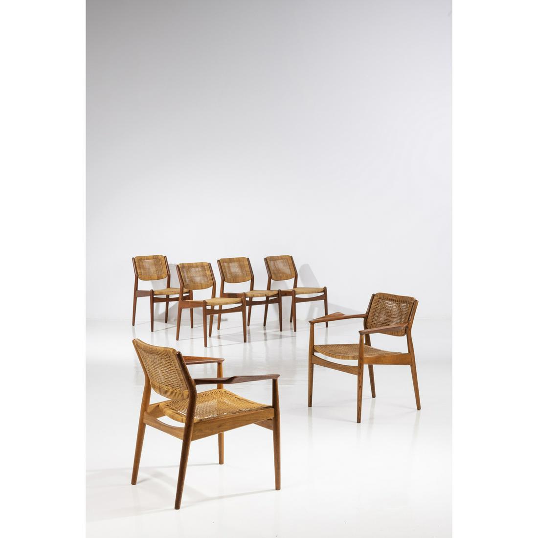 Arne Vodder (1926-2009) Model n°51: Arne Vodder (1926-2009)Model n°51Set of four chairs and a pair of armchairsOak wood, teak and caningEdited by Sibast møbelfabrikManufacturer's stampsCreation date: 1951Armchairs: H 76,5 x L