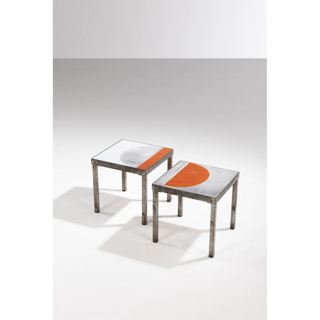 Roger Capron (1922-2006) Pair of side tables forming a: Roger Capron (1922-2006)Pair of side tables forming a coffee tableGlazed ceramic and steelCreation date: circa 1955Each table: H 30,5 × 30,5 × 30,5 cmAssembled: H 30,5 × L 61 × P 3